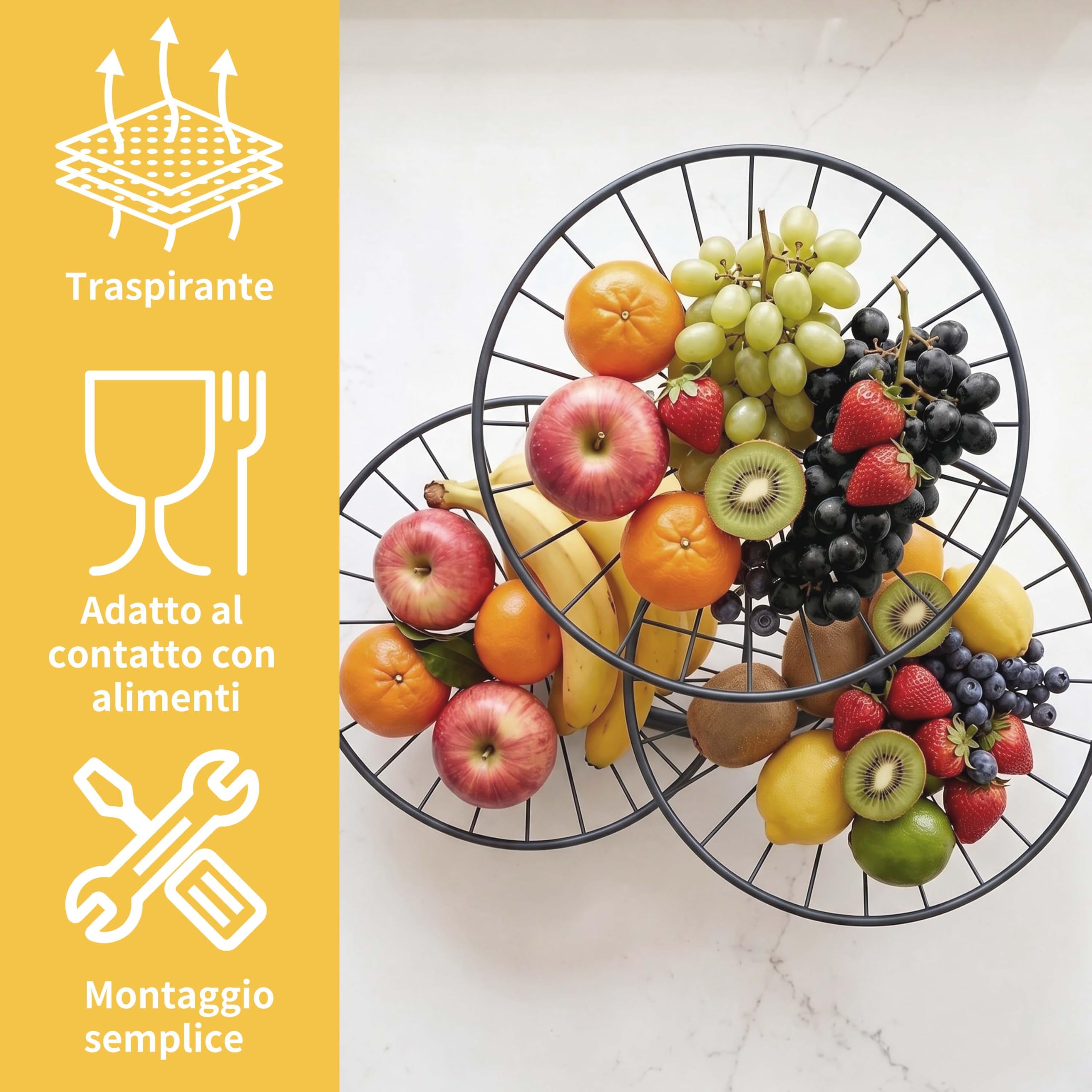 Mihoho Portafrutta con 3 Ripiani，Porta Frutta da Tavolo a Piani, Cesto Portafrutta a Ripiani per Verdura,per Risparmiare Spazio, per Dolci e Verdure (Nero Q)