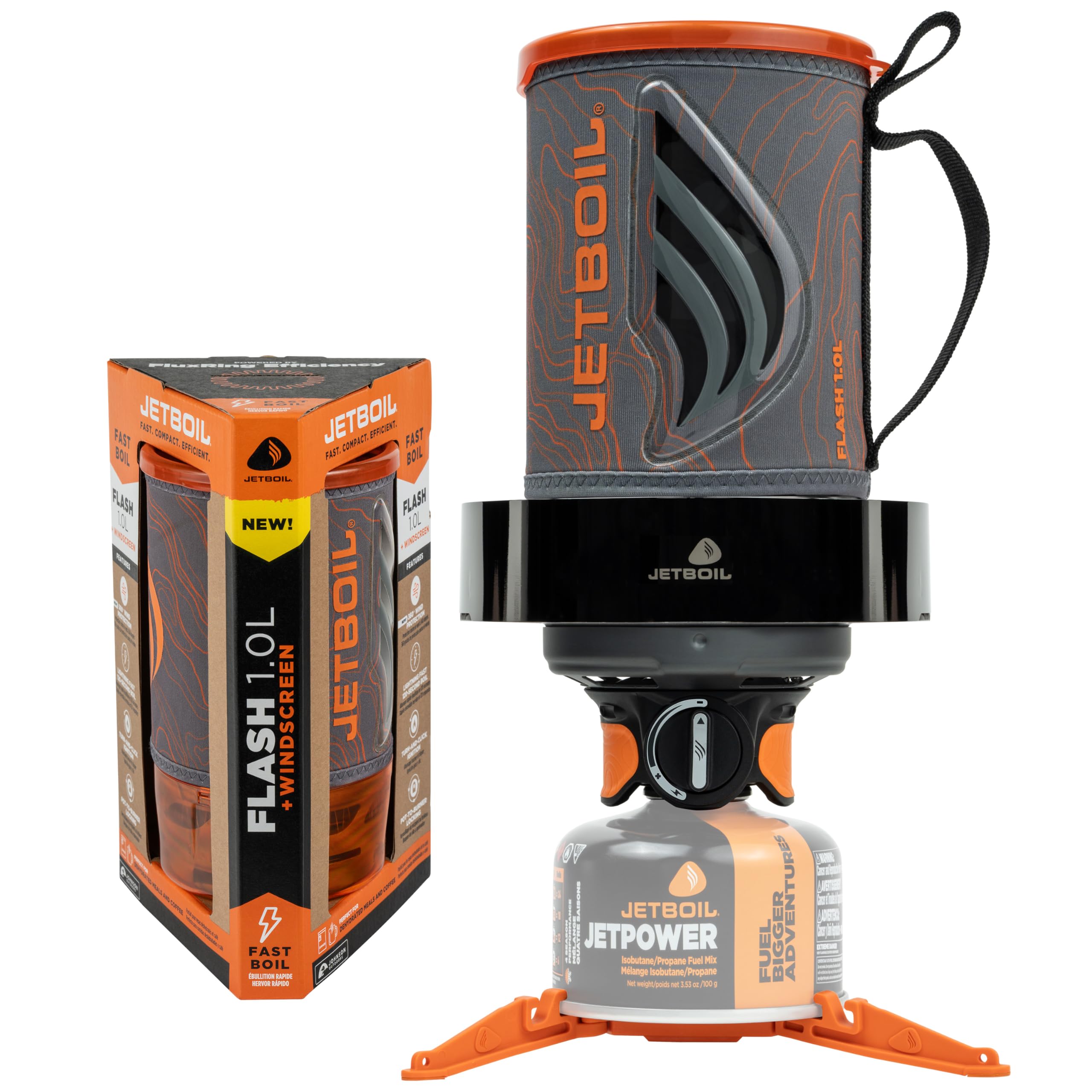 Jetboil Flash 1.0L Tragbarer Schnellkochkocher mit Windschutz für Camping und Rucksackreisen, 1-stufige automatische Zündung, Neu für 2026, Propan/Isobutan-Brenner, Topo