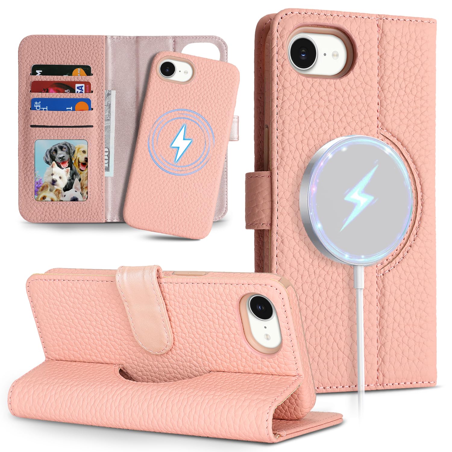 Detachable Genuine Leather Case for iPhone 16e/ iPhone 17e Wallet Case Magnetic 2in1 Removable Flip Cover Book Purse Compatible with Magsafe Charging Kickstand Card Holder-Pink