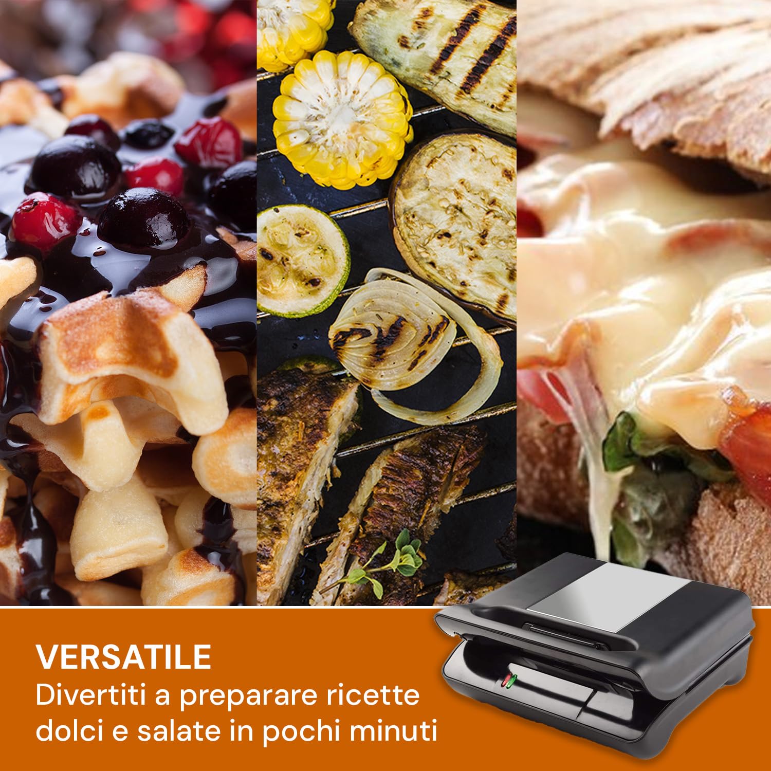 Wintem Piastra per Waffle e Sandwich Antiaderente in Acciaio Inox - Potenza 800W e Funzioni di Griglia, Waffle e Formaggio alla Griglia - Dimensioni 22,6x23,6x10,8cm - Piastre Intercambiabili