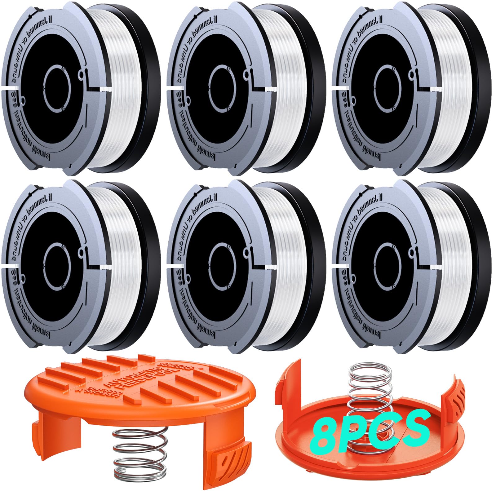 Photo 1 of YWTESCH 8 Pack Weed Eater String Compatible with Black and Decker Weed Wacker, 180ft 0.065" Automatic Feed Trimmer Line AF-100 Replacement Spool Fit for Black+Decker (6 Spool,2 Cap,2 Spring)