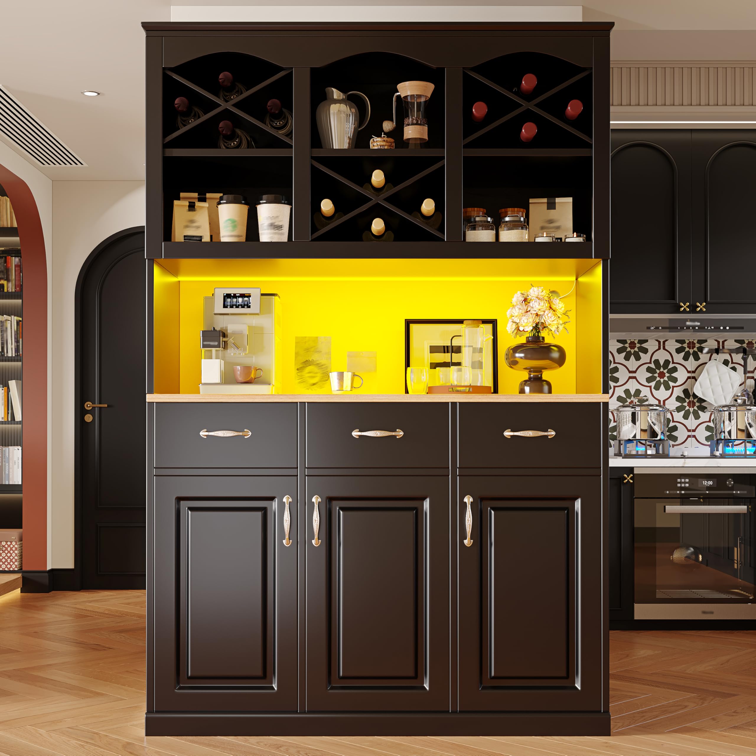 BTM Kitchen Dresser with Wine Rack & Removable Shelves Tall Kitchen Cupboard with LED, Coffee Station Buffet Cabinet, Black