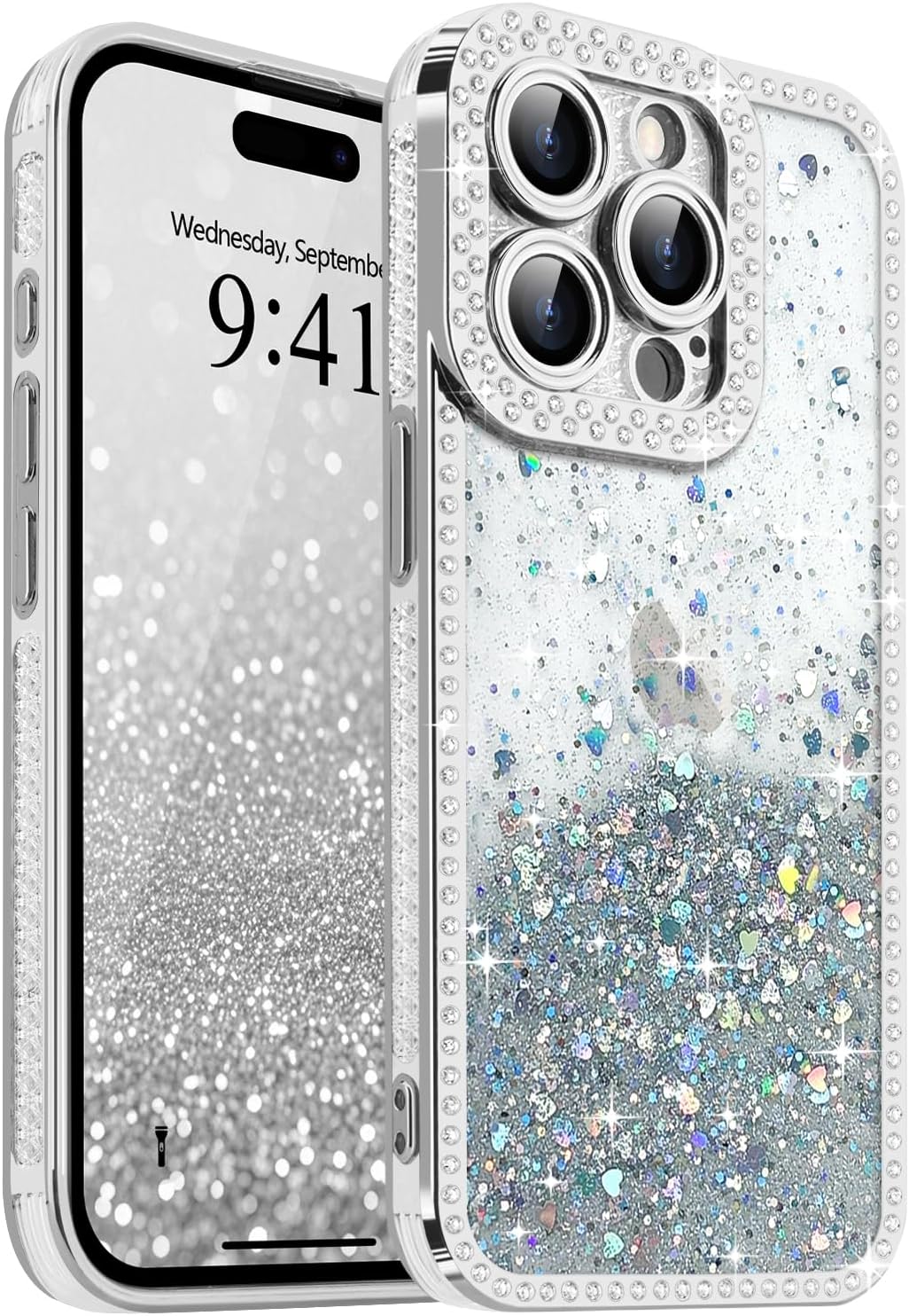 For iPhone 15 Pro Case Glitter Gradient Bling Sparkle Heart Sequins & Crystal Luxury Shiny Diamond Mobile Phone Case Transparent Silicone Case for Women Girls Shockproof Protective Case Silver