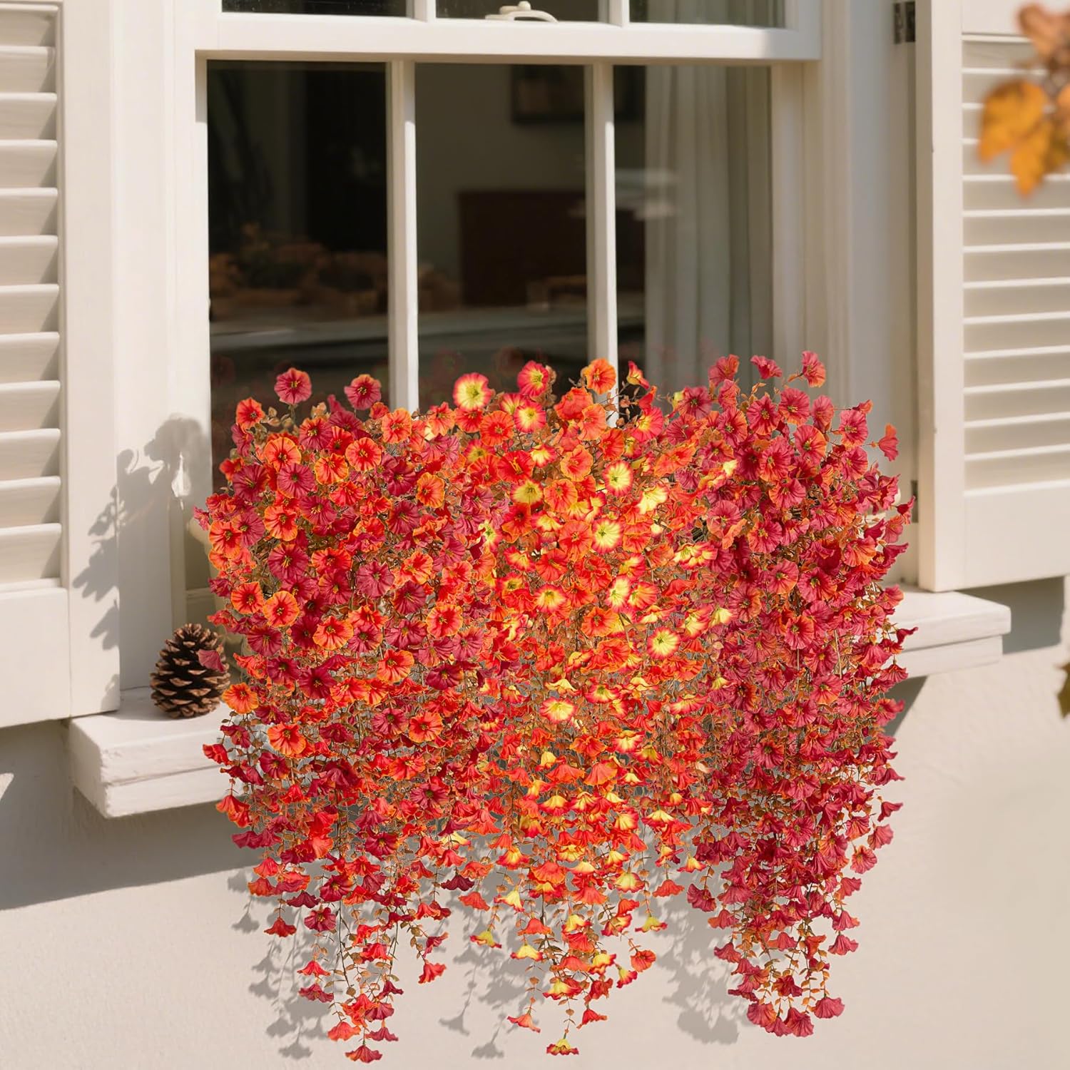 Artificial Fall Hanging Flowers for Decoration, 2pcs Long Vine Fake Flowers Plants Morning Glory, Realistic Faux Petunias for Planter Patio Porch Garden Autumn Outdoors Dec, Orange Sunset - Image 5