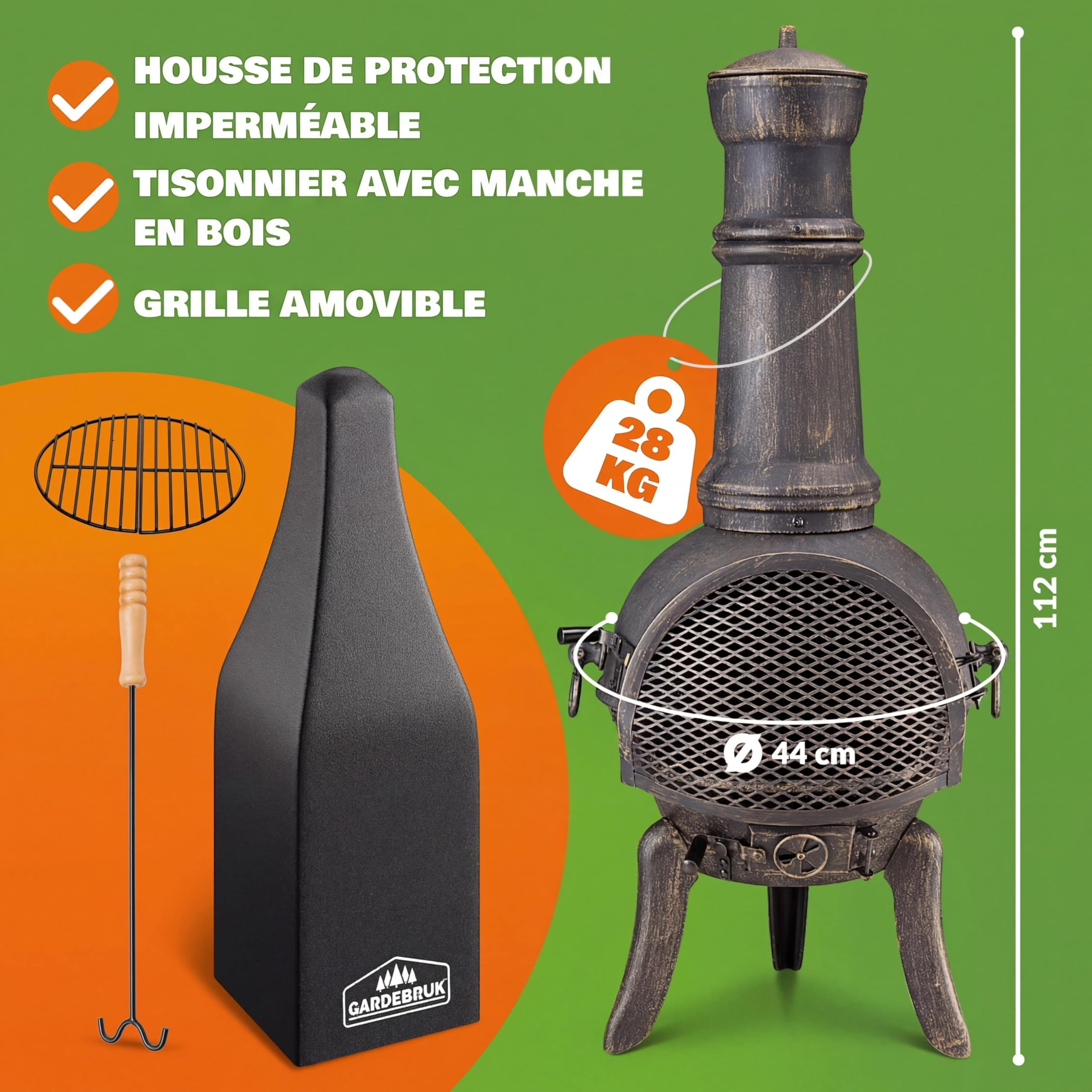 GARDEBRUK® Cheminée d'extérieur en Fonte 112 cm Brasero Four Mexicain 28kg Pare-étincelles Protection Jardin Terrasse Outdoor