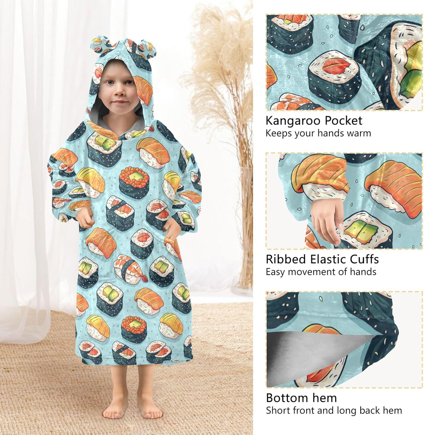 Sushi Food Kids Wearable Blanket Hoodie with Pocket and Sleeves for Toddlers, Cute Hoodies Girls Boys B0403694
