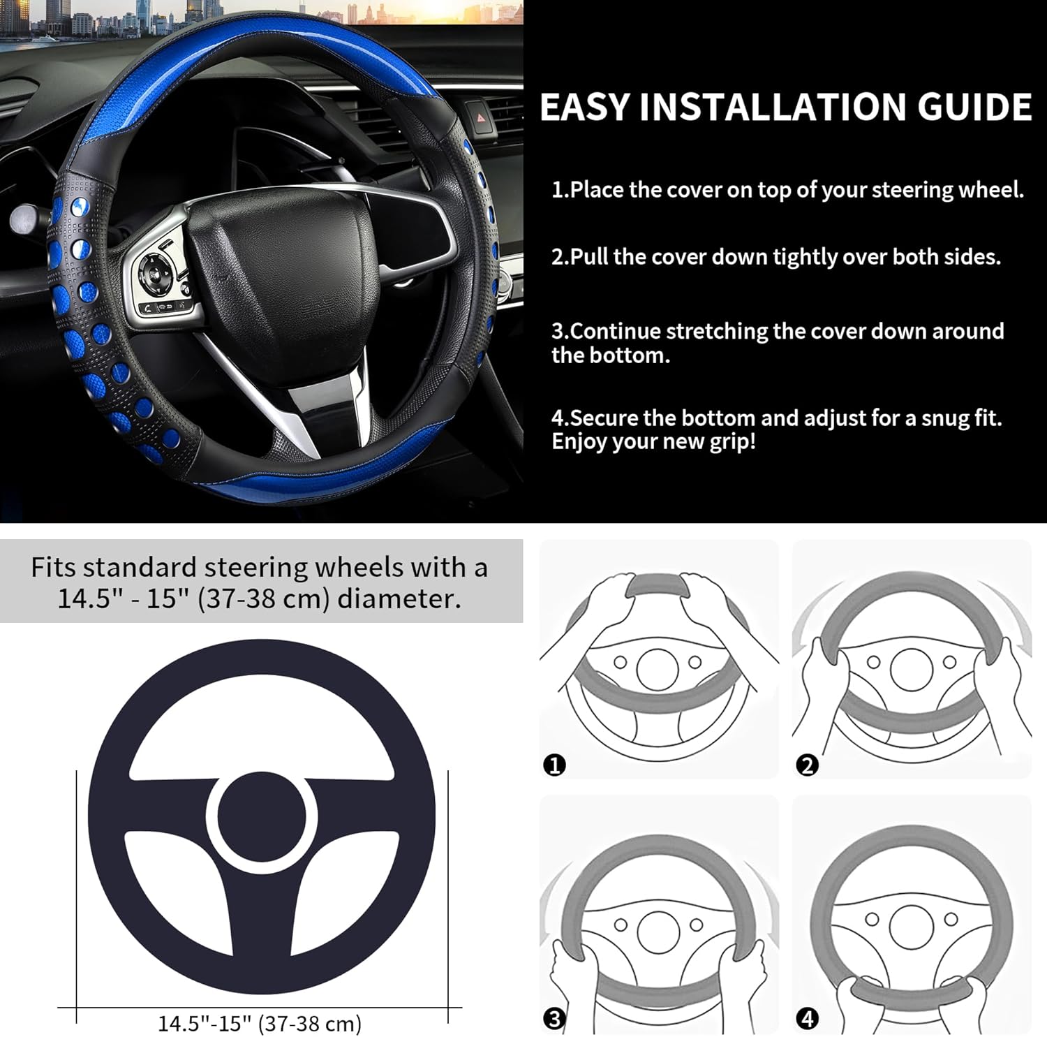 PU Leather Car Steering Wheel Cover with Anti-Slip Grip, for Women and Men, Universal Fit for 14.5-15 Inch Cars, Trucks, SUVs (Blue (Round), Medium(Standard) Size[14 1/2''-15'']) - Image 5