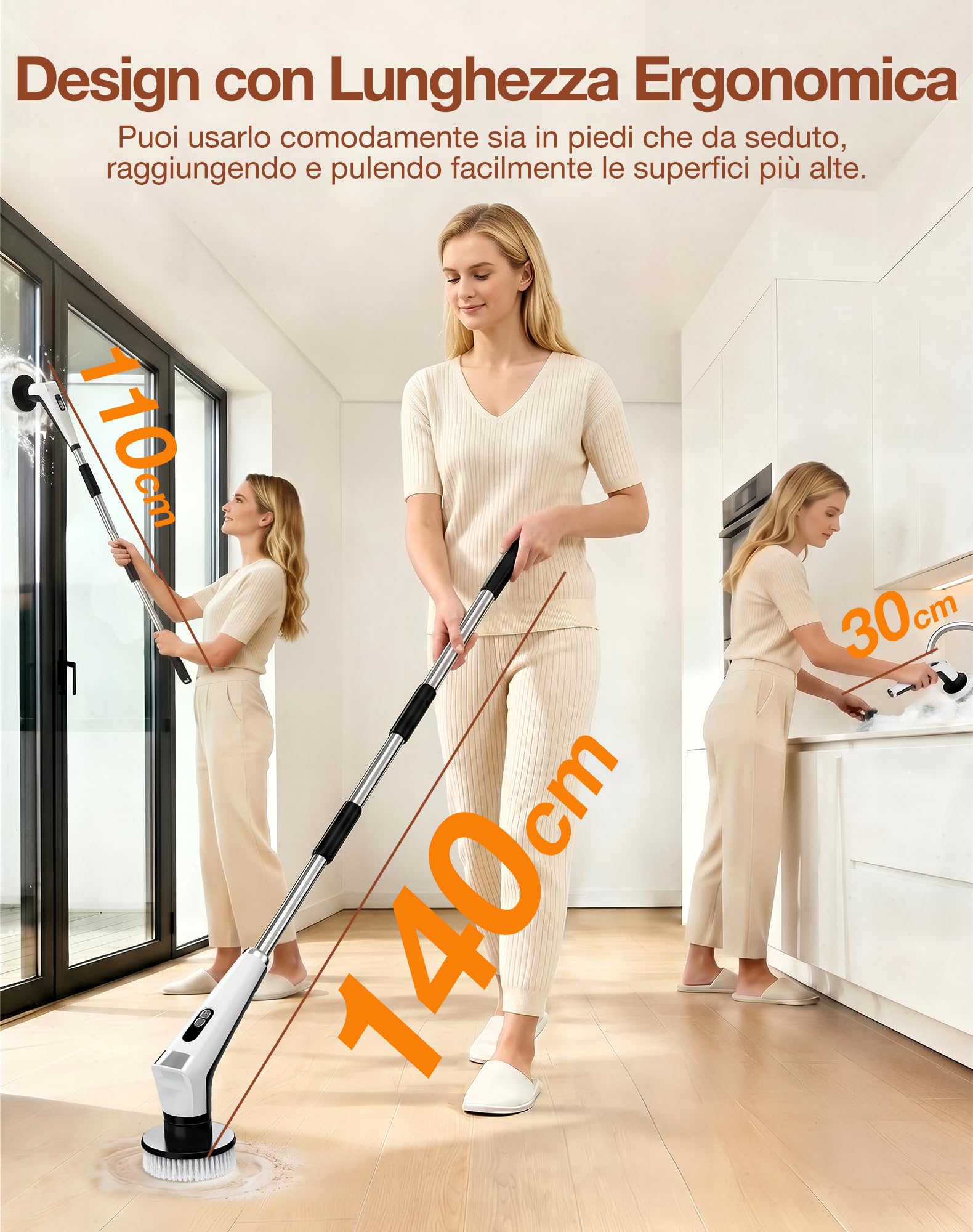 Spazzola Rotante Pulizia Casa con 9 Testine, Manico Estensibile, 3 Velocità, con Illuminazione LED, Batteria da 3000 mAh, Impermeabile IPX8, Spazzola Rotante per Pulizia per Bagno, Cucina, Pavimenti