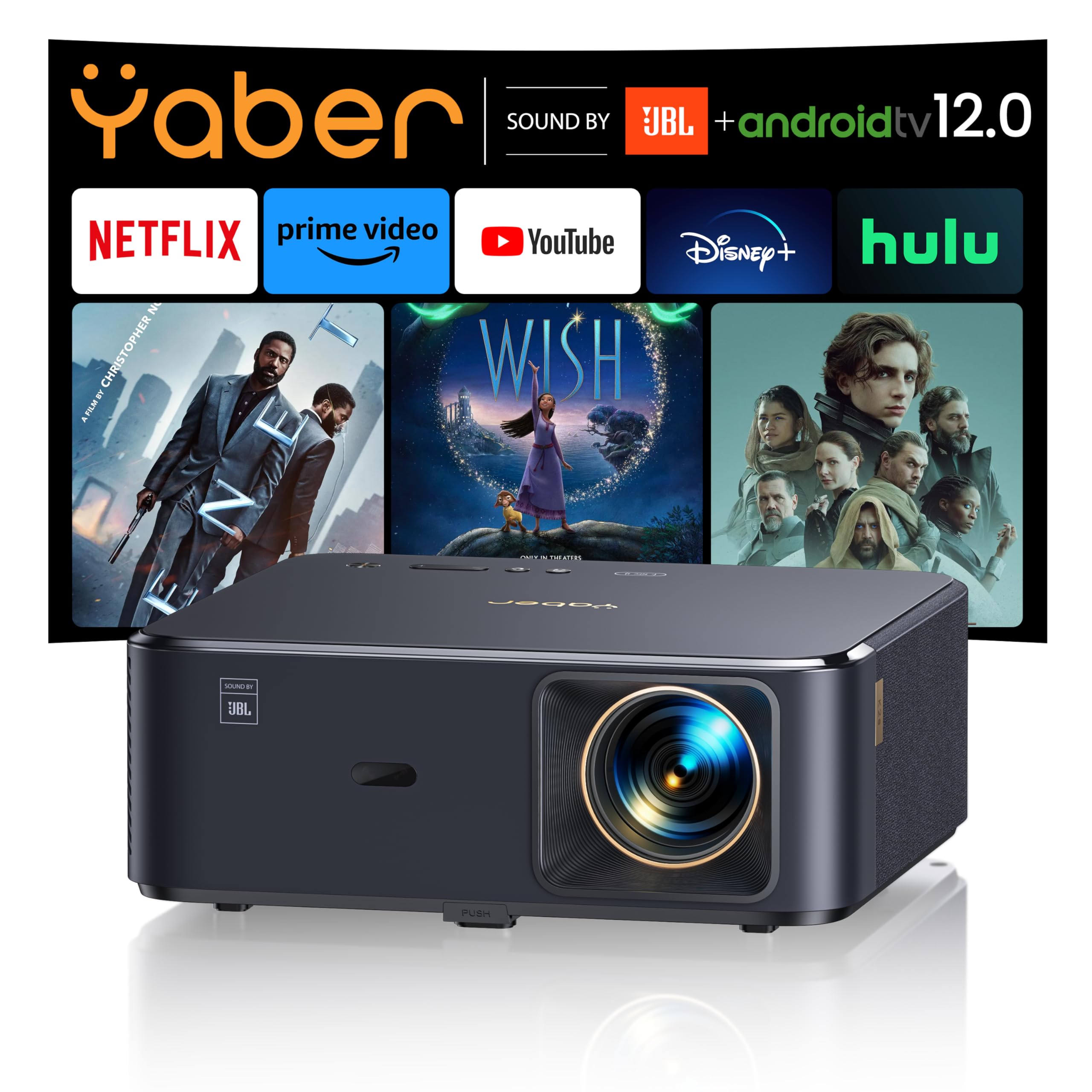 Proyector 4K【Sound by JBL/Google TV/Dolby Audio】 YABER K2s WiFi6 Bluetooth Proyector Full HD 1080P Nativo, Auto Focus/Keystone, Smart Proyector Exterior Cine en Casa con Netflix 7000+ Apps