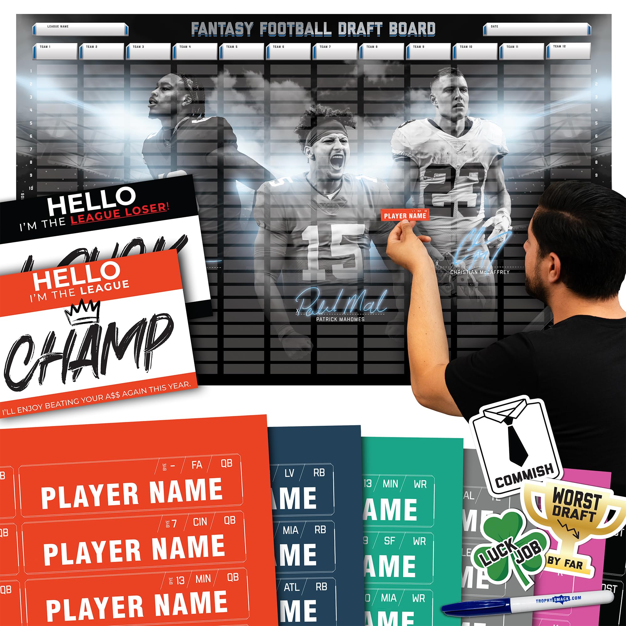 TrophySmack 2025 Fantasy Football Draft Board Kit - 12, 10, 8 Team - 500+ Player Labels - 24 Rounds