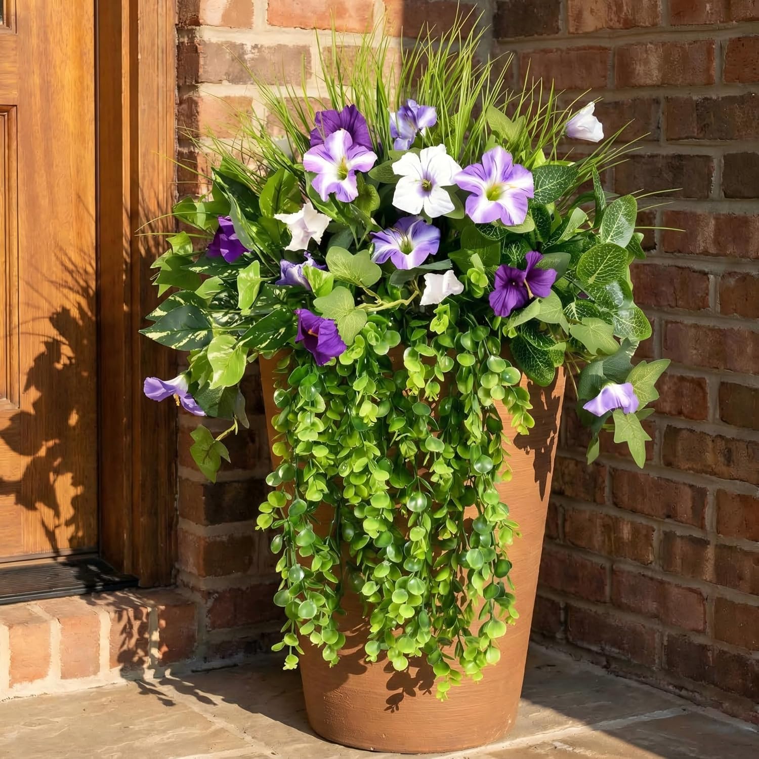 Waipfaru Artificial Plants & Flowers, UV Resistant Fake Plants Artificial Flowers Outdoors, Realistic Faux Petunias Fake Hanging Plants for Outside Garden Balcony Yard Porch(10 Bundles Purple White)