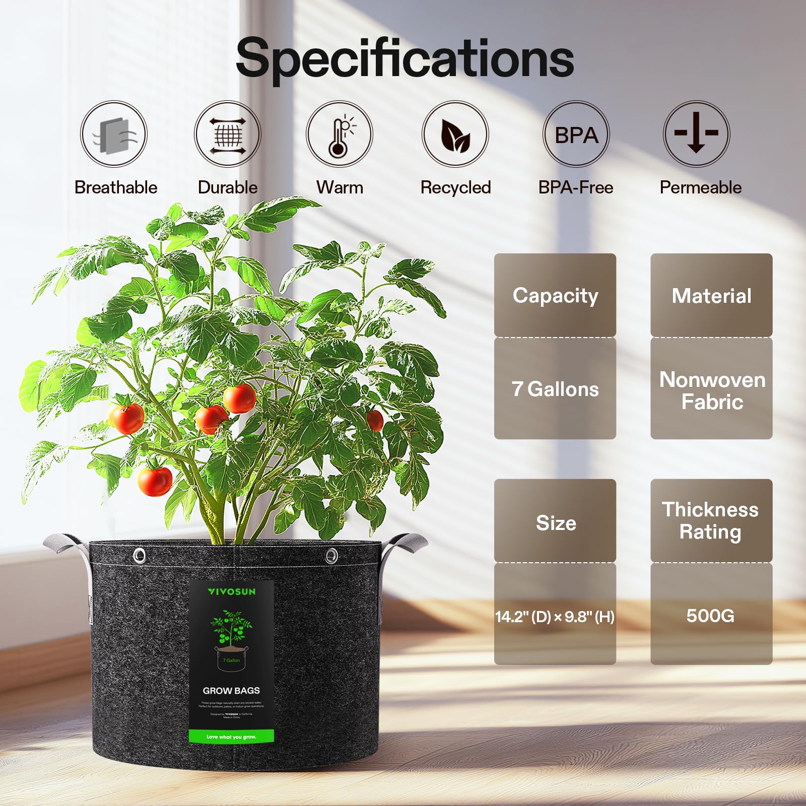 VIVOSUN Lot 5 Sac de Plantation 25L Sacs de Culture Tissu Non Tissé Sac à Plantes 500g/m² Épaisseur, Pots Tissu avec Poignées et Anneaux Polyvalents, Idéal pour LST, Fruits, Légumes et Fleurs