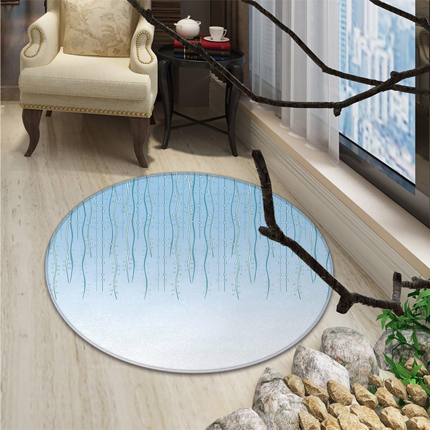 Floral Round Area Rug Carpet Bands Strands Ivy down Retro