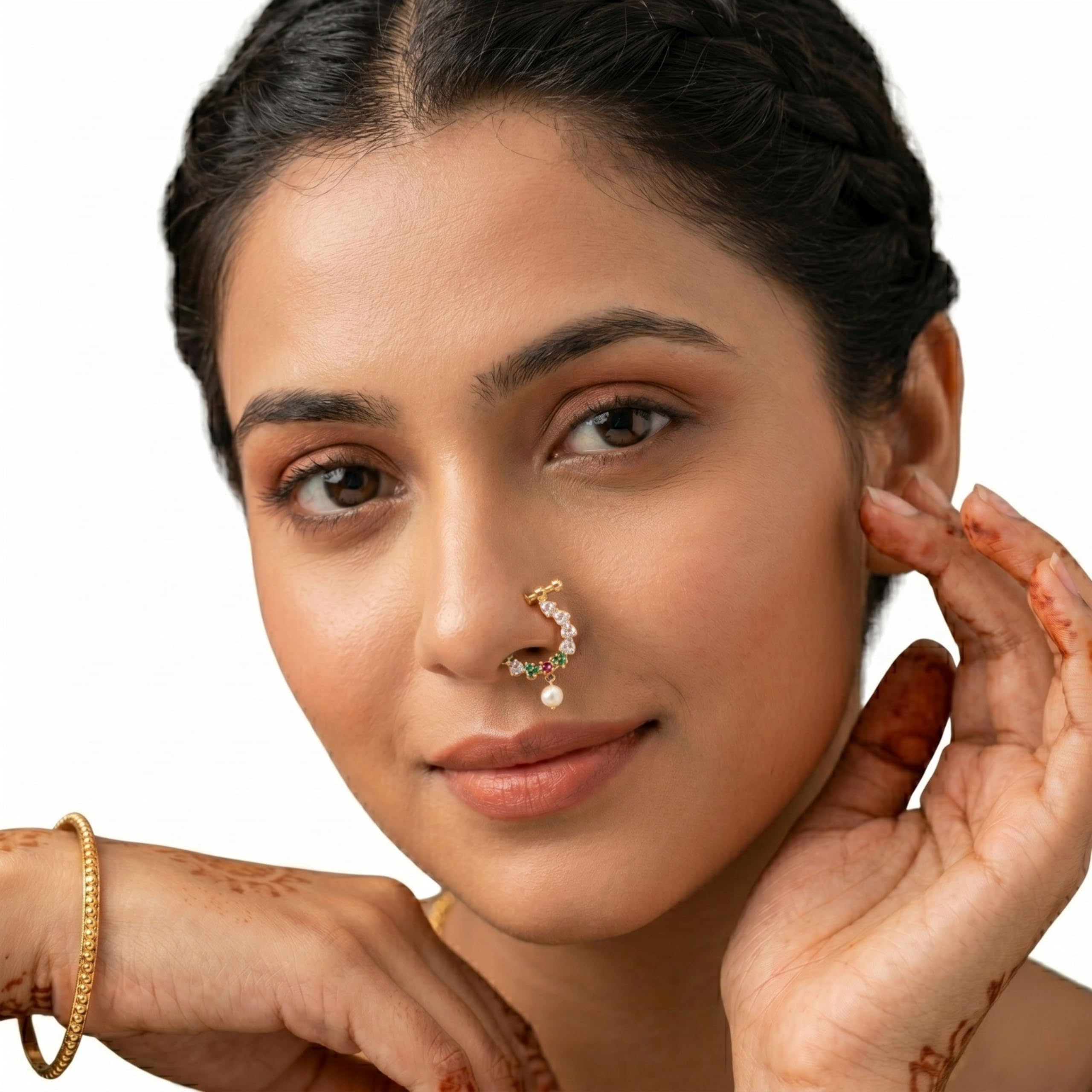 Traditional Indian Nose Ring, Gold-Toned, Cz Stones and Pearl Drop, Bridal Nath-image-32