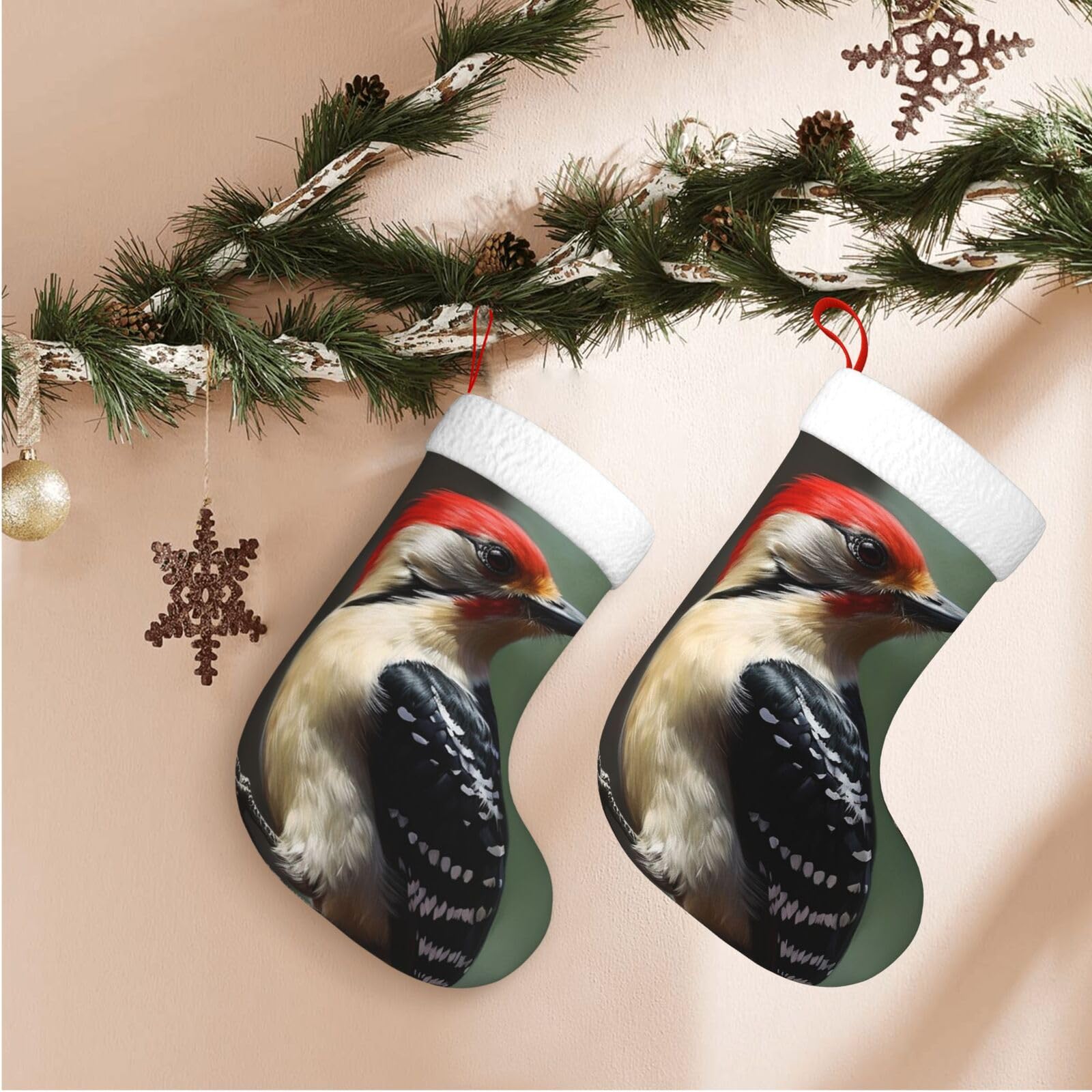Woodpecker Christmas Stockings Velvet Xmas Fireplace Hanging Stocking with Plush Cuff Rustic Christmas Santa Stockings for Home Christmas Decorations Party Favor Supplies