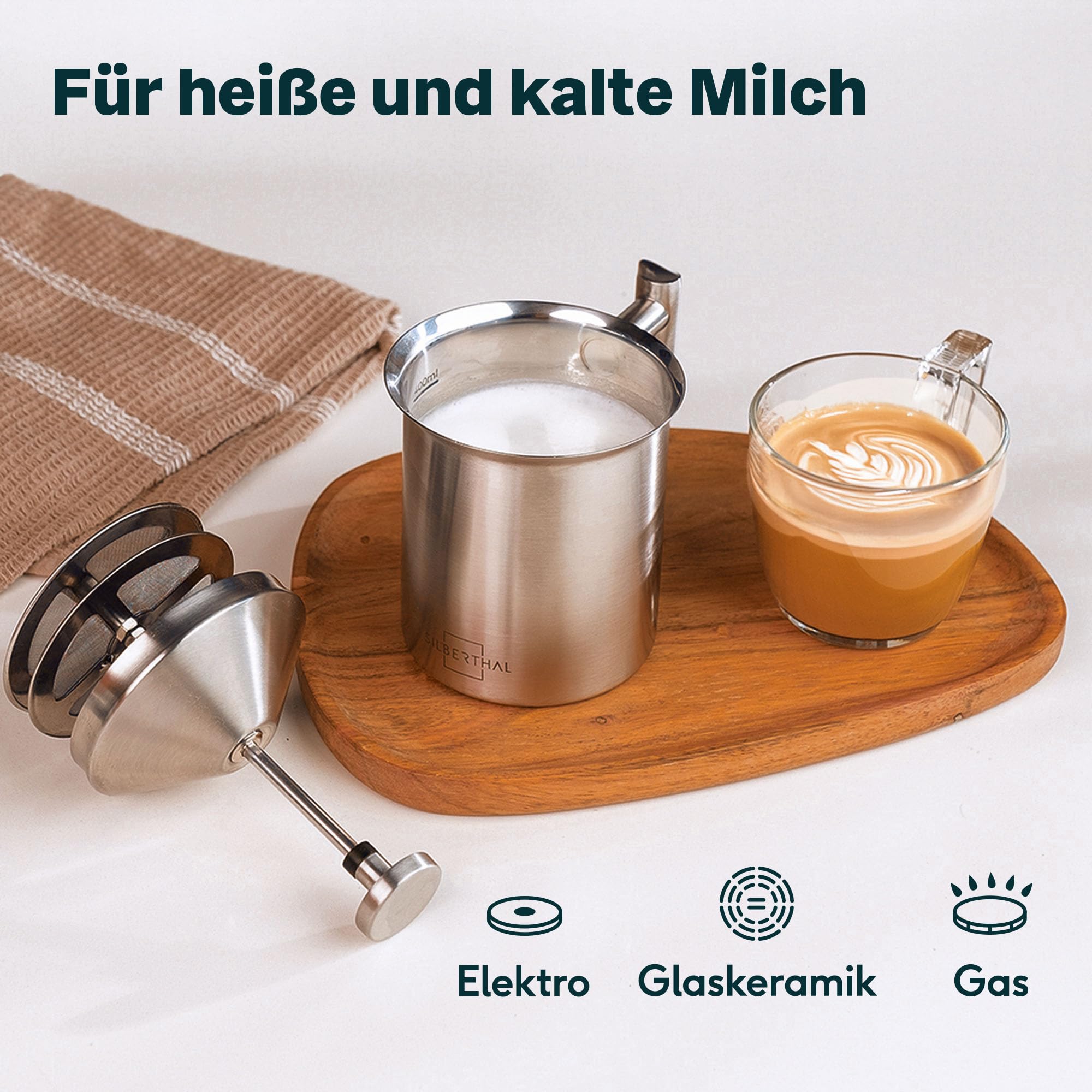 SILBERTHAL Milchaufschäumer Manuell Edelstahl - 400ml - Perfekter Milchschaum dank doppeltem Sieb und speziellem Drückmechanismus