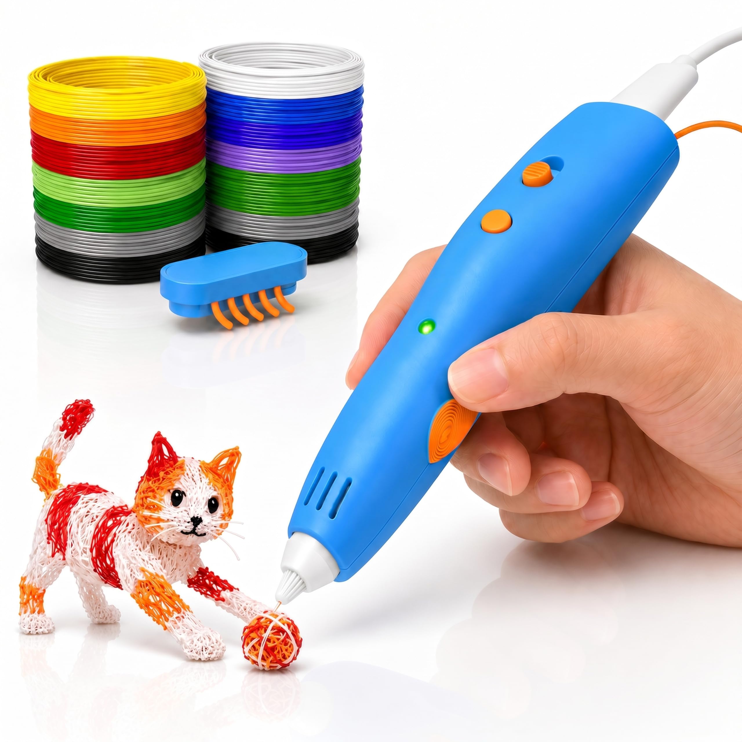 CSL – 3D Druckstift kabellos – 11 PCL Pilamentfarben 35 Meter - PCL ist sicherer als PLA und ABS - keine Verbennungsrisiko - USB C – 3D Stift für kreatives Gestalten/Basteln – für Kinder und Erwachs