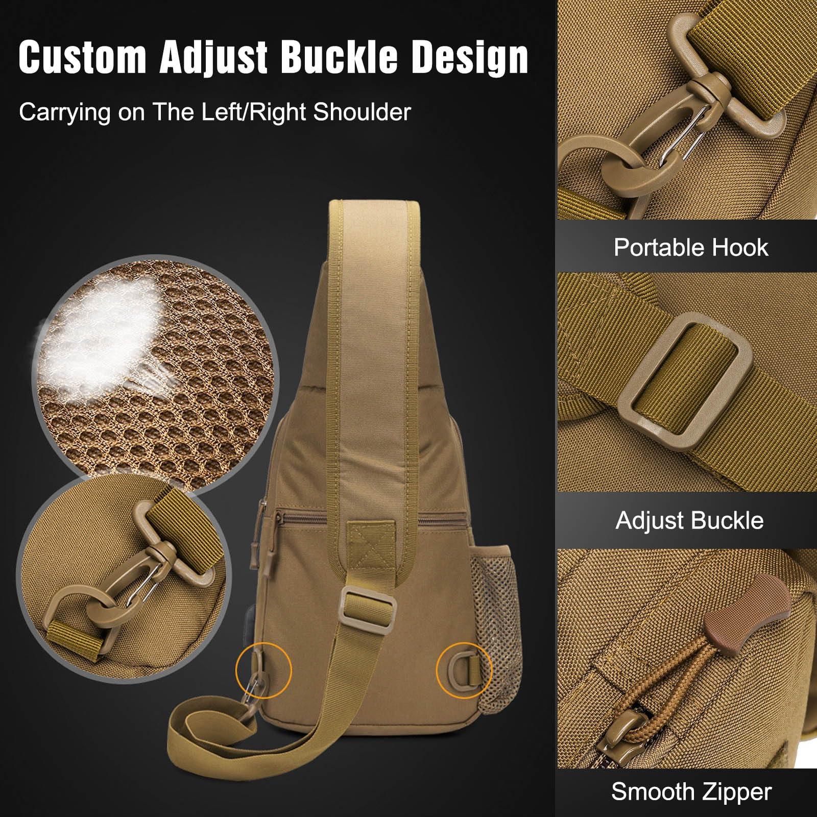 FANDARE Táctical Bolso Hombro Bolsa de Pecho Militar Bandoleras Cruzada con USB Bandolera Bolsos Bandolera para Hombres Mujer Escolar Senderismo Viaje Sling Crossbody Bag Negro