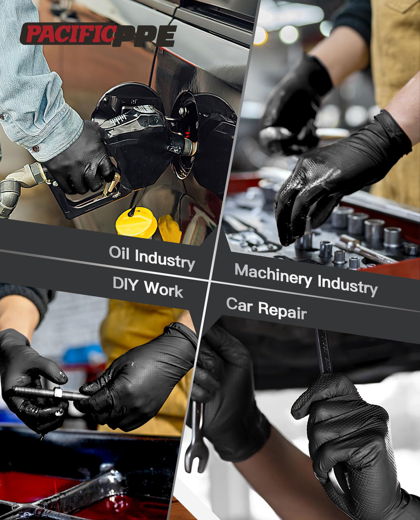 PACIFIC PPE Wytrzymałe czarne rękawiczki nitrylowe, bezpieczne do kontaktu z żywnością, bez lateksu, mechaniczne, w pełni diamentowe teksturowane rękawiczki, przemysłowe, rozmiar M