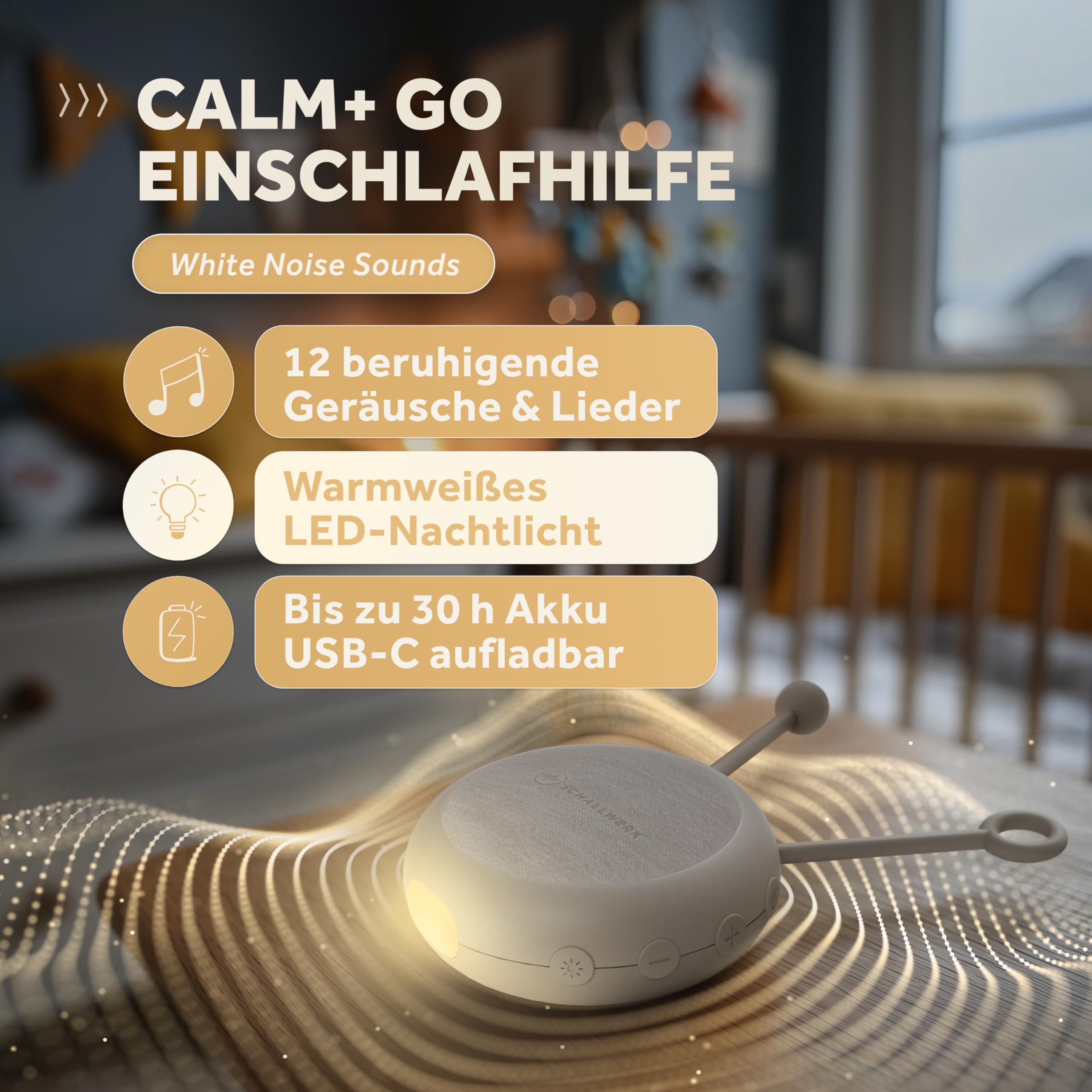 Schallwerk® White Noise Machine Baby – Einschlafhilfe für Babys & Erwachsene mit weißem Rauschen, Naturgeräuschen & Mehr – Geräuschebox mit Nachtlicht & Timer – Tragbar & leise