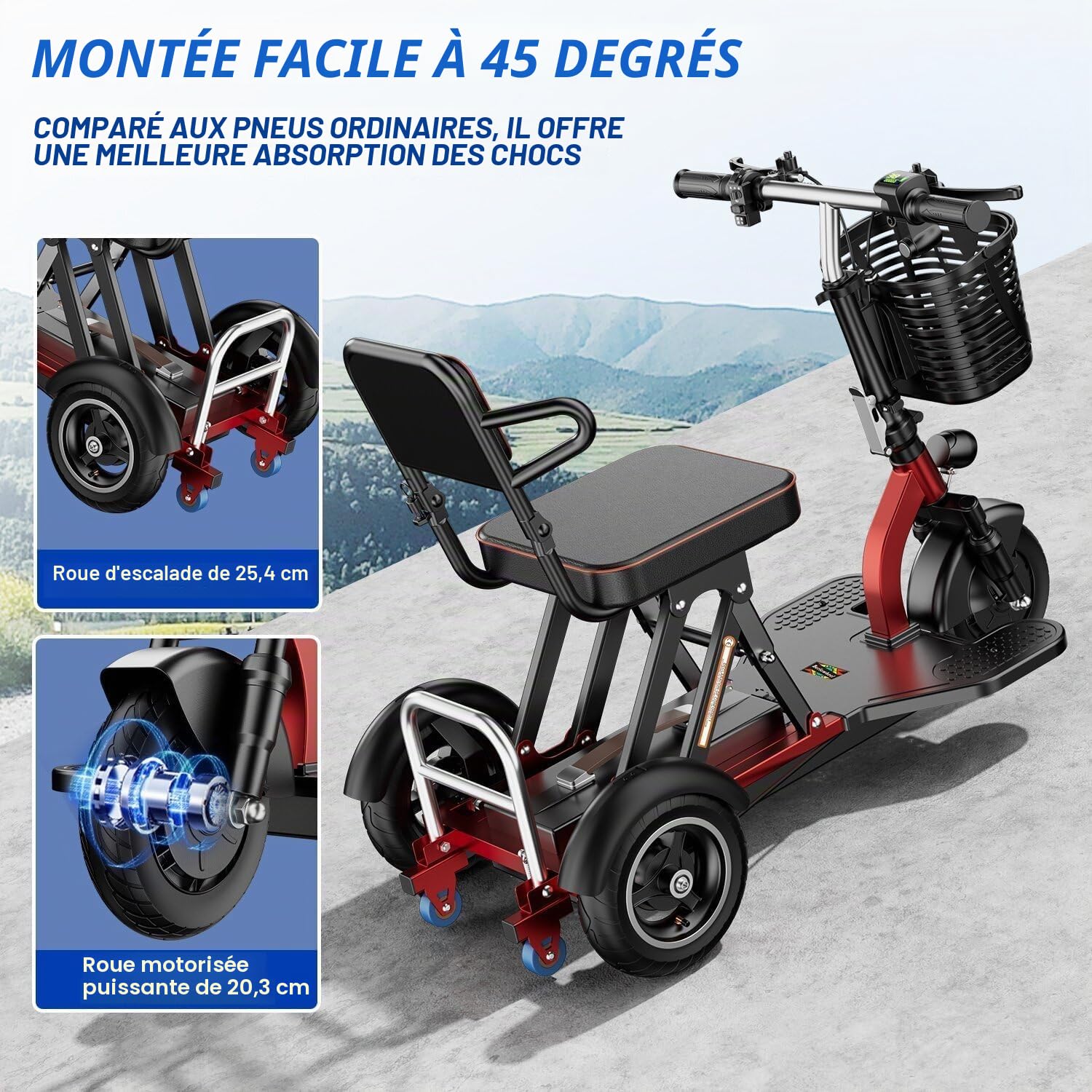 Scooter de mobilité à 3 Roues Pliable avec siège Confortable avec Phares LED et Panier Léger Pliable pour Adultes Personnes âgées handicapées