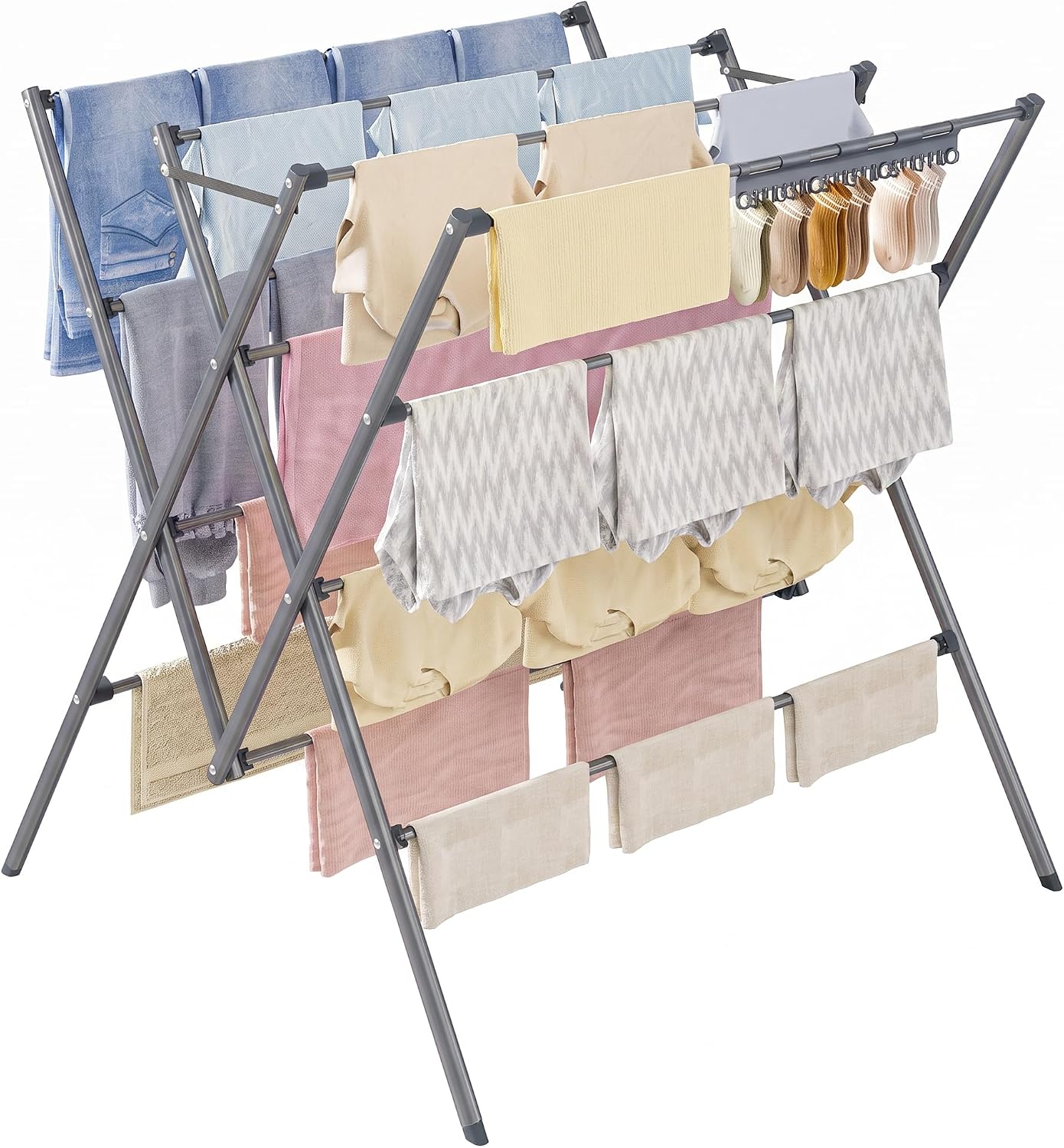 Étendoir à Linge Intérieur et Extérieur, 12 Barres, avec Pinces Chaussettes