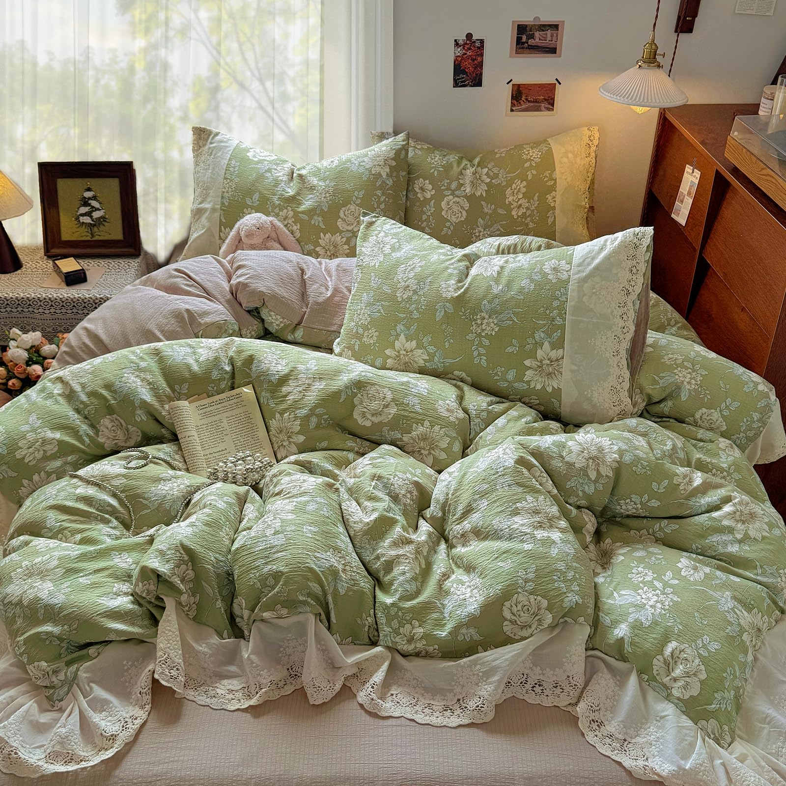 Guchuang Double Duvet Cover, Floral & Ruffled Design, 3-Piece Green Bedding Set - Soft Microfiber, Wrinkle-Resistant Duvet Cover with Hidden Zipper (Double, 200x200cm)