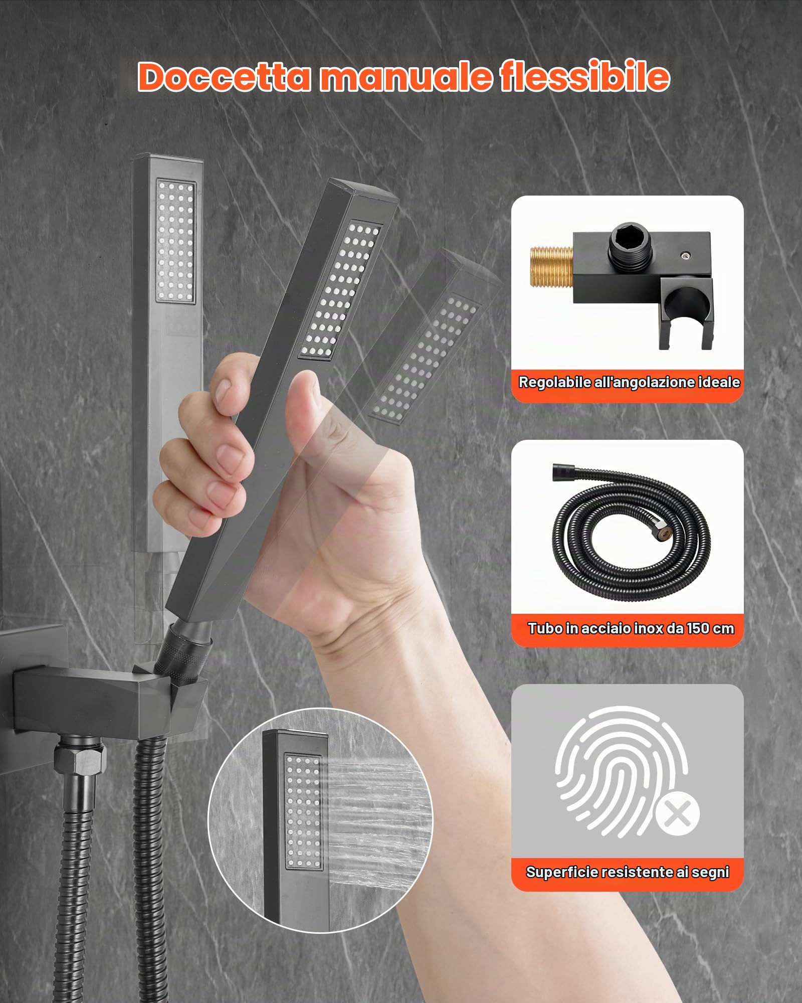 VEVOR Sistema Doccia a Pioggia per Bagno con Soffione Quadrato 305 mm e Doccetta, Set di Rubinetti da Doccia a Soffitto, con Valvola in Ottone e Kit di Finitura, Rubinetto Doccia, Nero Opaco