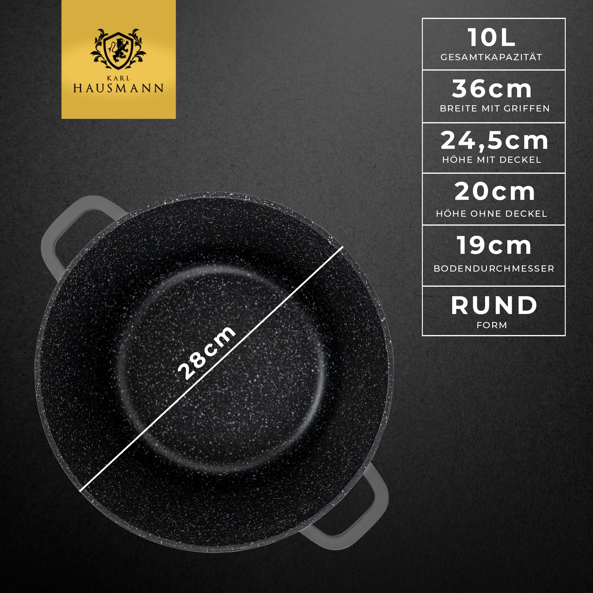 KARL HAUSMANN Aluguss Topf 28 cm 10L mit Deckel - Kochtopf Induktion, Antihaftbeschichtet mit COOKMARK MARBLE, großer Suppentopf, geeignet für Backofen, Gas, Ceran, Elektro