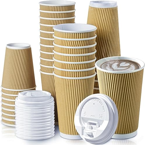 Miniatura 7 de Fit Meal Prep Paquete de 50 Vasos calientes desechables con tapas, 4 onzas marrones con aislamiento de doble pared con mangas onduladas, tazas de