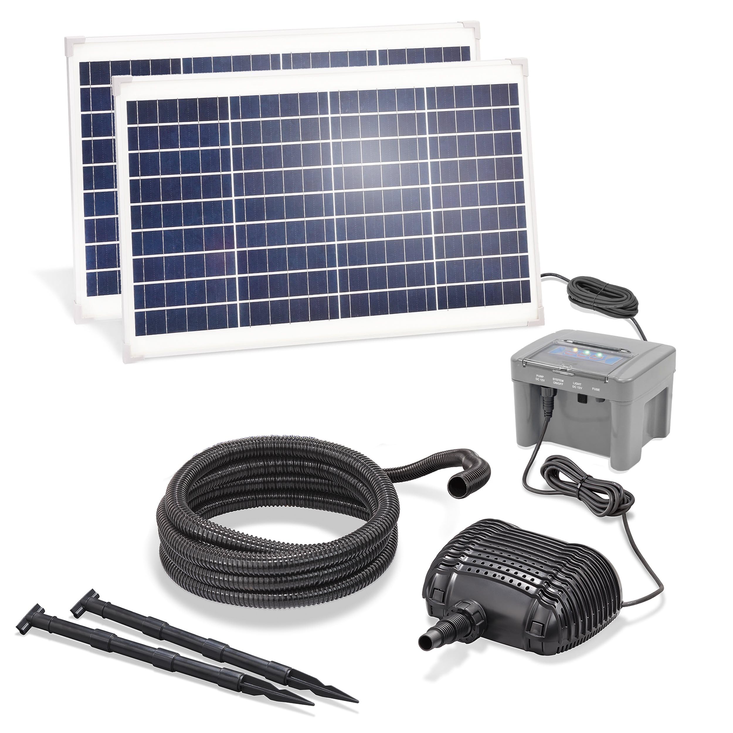 Esotec Solar Bachlaufpumpenset mit Akku 70/2800 LiFePO4, Solar Bachlaufpumpe 2800 l/h 12,8 VDC, Wasserfallpumpe Teichpumpe IP68 außen 101942
