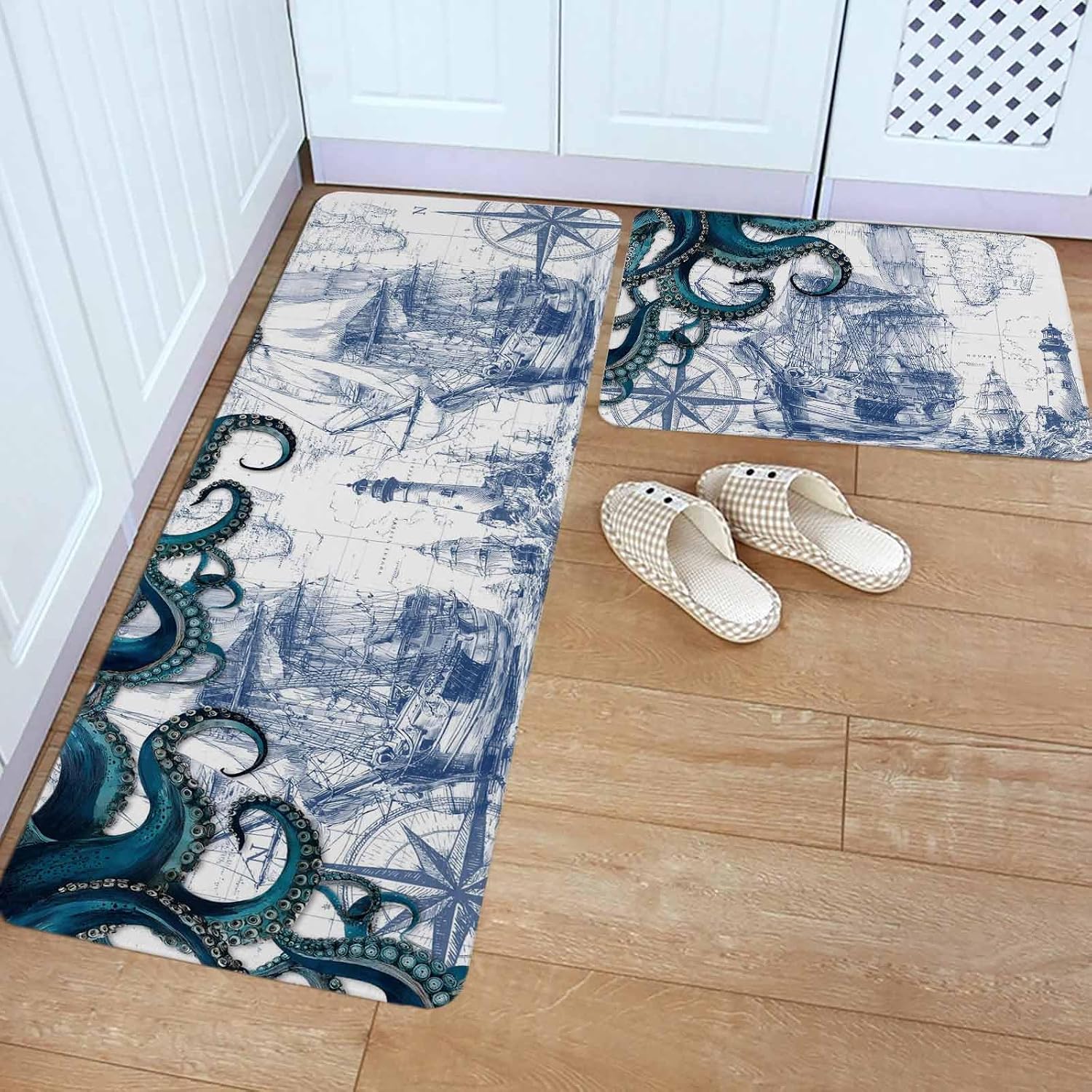 Nautical Blue Octopus Kitchen Rugs and Mats Set of 2, Non-Slip Kitchen Sink Mat, Coastal Ocean Summer Boat Washable Doormat Bathroom Rugs Runner for Bedroom/Living Room 19.7"x23.6"+19.7"x47.2"