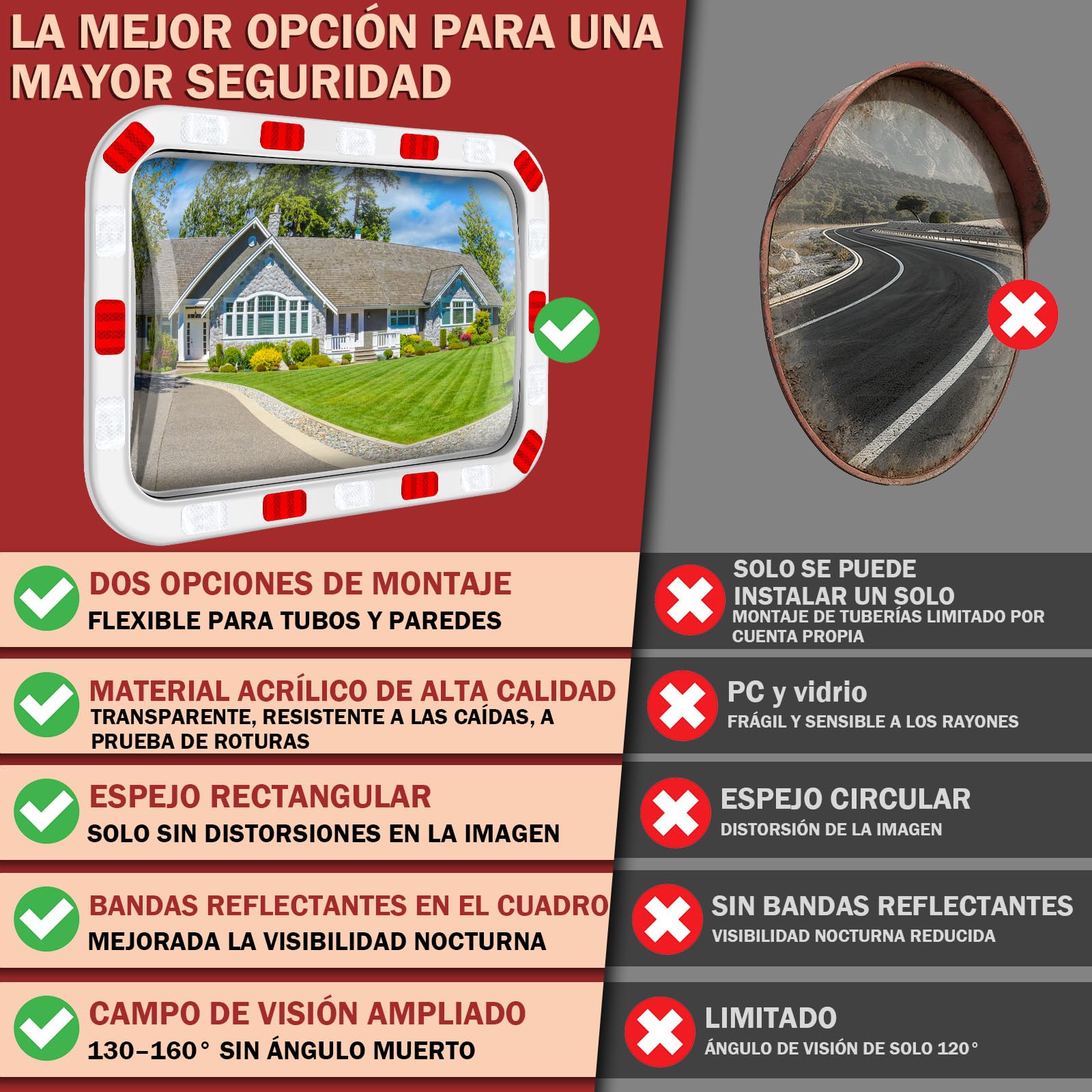 moveland Espejo de Tráfico Rectangular 40x60 cm – Espejo Acrílico Profesional con Soporte Ajustable, Fácil Montaje, Amplio Ángulo de Visión para Tráfico, Calles y Garajes (Interior y Exterior) | Espejo acrílico para carretera con soporte ajustable, fácil