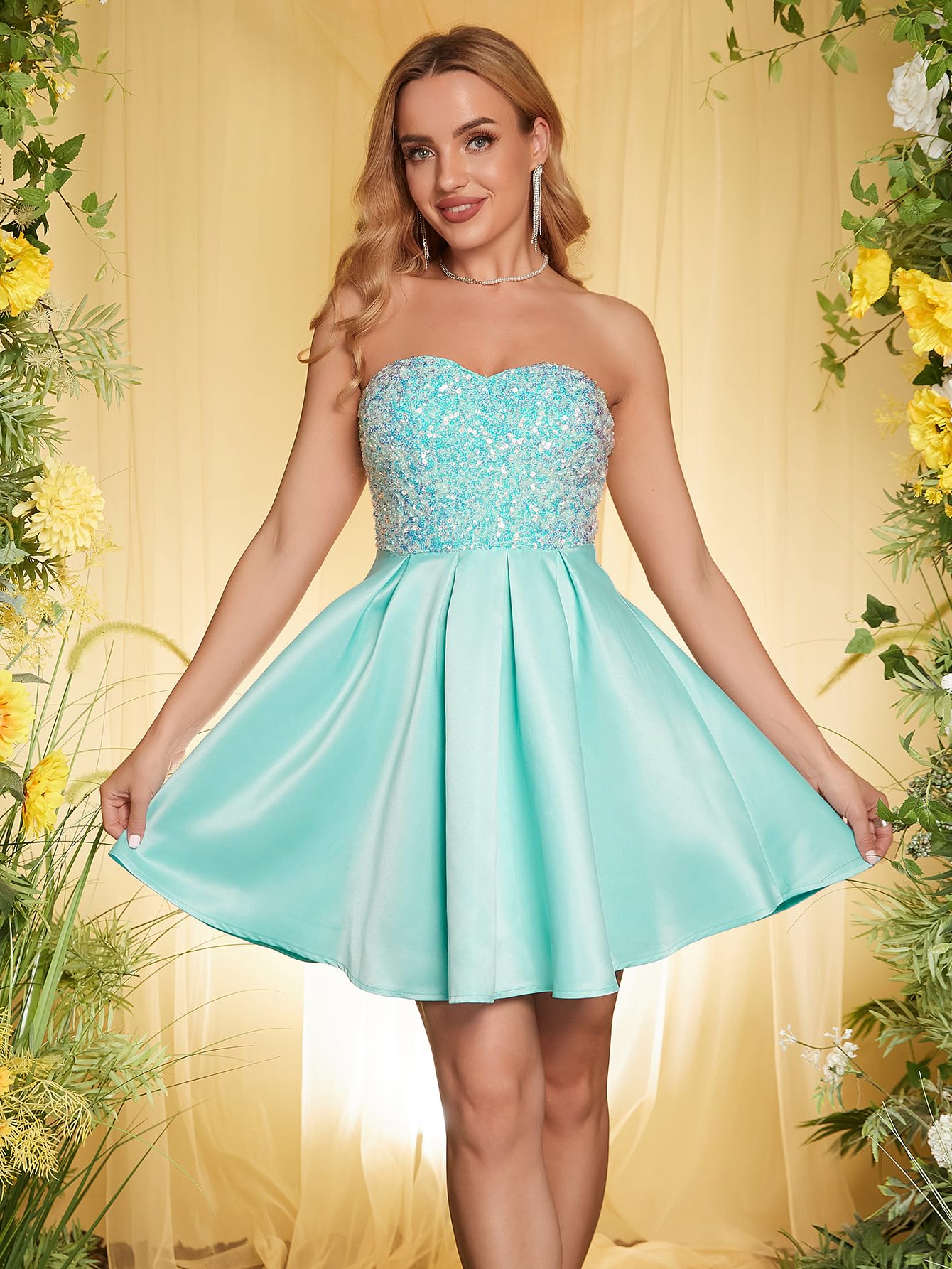 Angel-fashions Vestido elegante de mujer con lentejuelas sin tirantes, de línea A, corto, para graduación y cóctel, Verde menta, 12