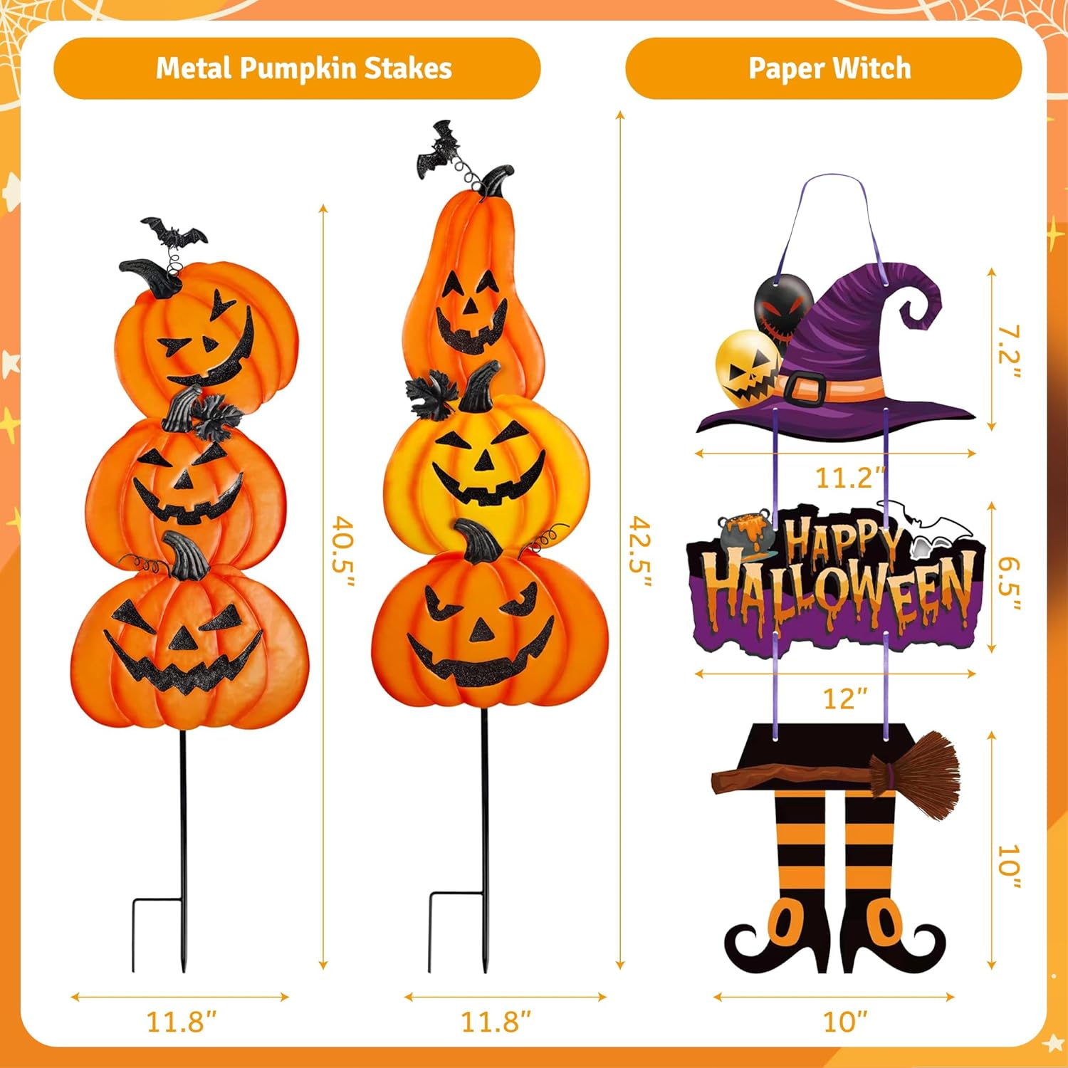 Halloween Metal Pumpkin Yard Stakes, Detachable and Stackable Pumpkin Signs Garden Stake with Paper Witch Hanging Decor, Outdoor Halloween Decorations for Front Porch Lawn Party (Set of 6)