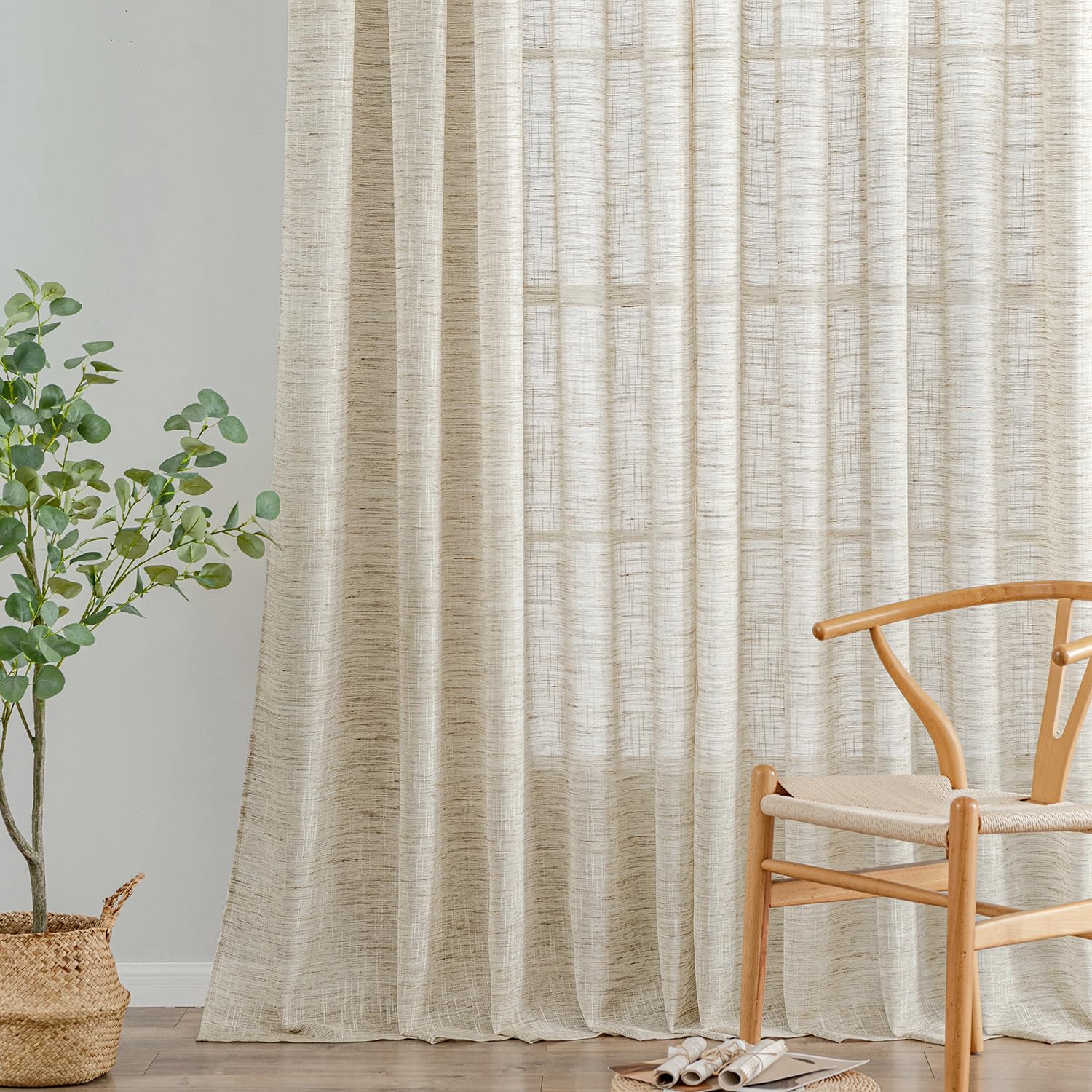Woaboy Rideaux en Lin avec Ruban Fronceur Rideaux Modernes Translucides pour Salon Fenêtre Chambre Lot de 2, 140x260cm Naturel