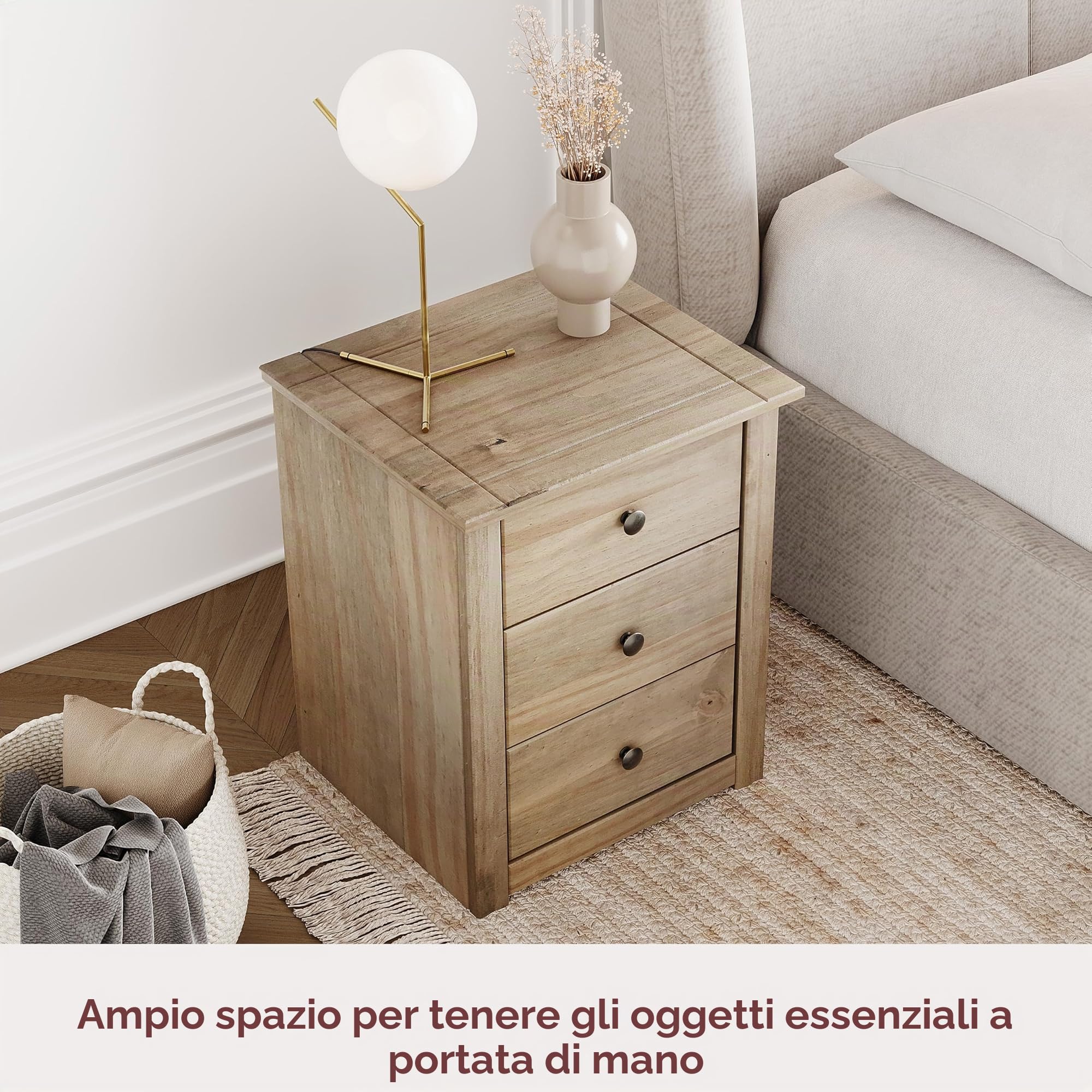 Home Discount-Comodino con 3 cassetti, in pino massiccio cerato Bedroom Furniture Shelving