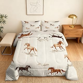 Running Horse Comforter Set Queen - Farmhouse Animal Bedding Set & 2 Pilow Cases for All Season - Soft Reversible Down Alternative 3 Piece. Horse Bedrom Decor
