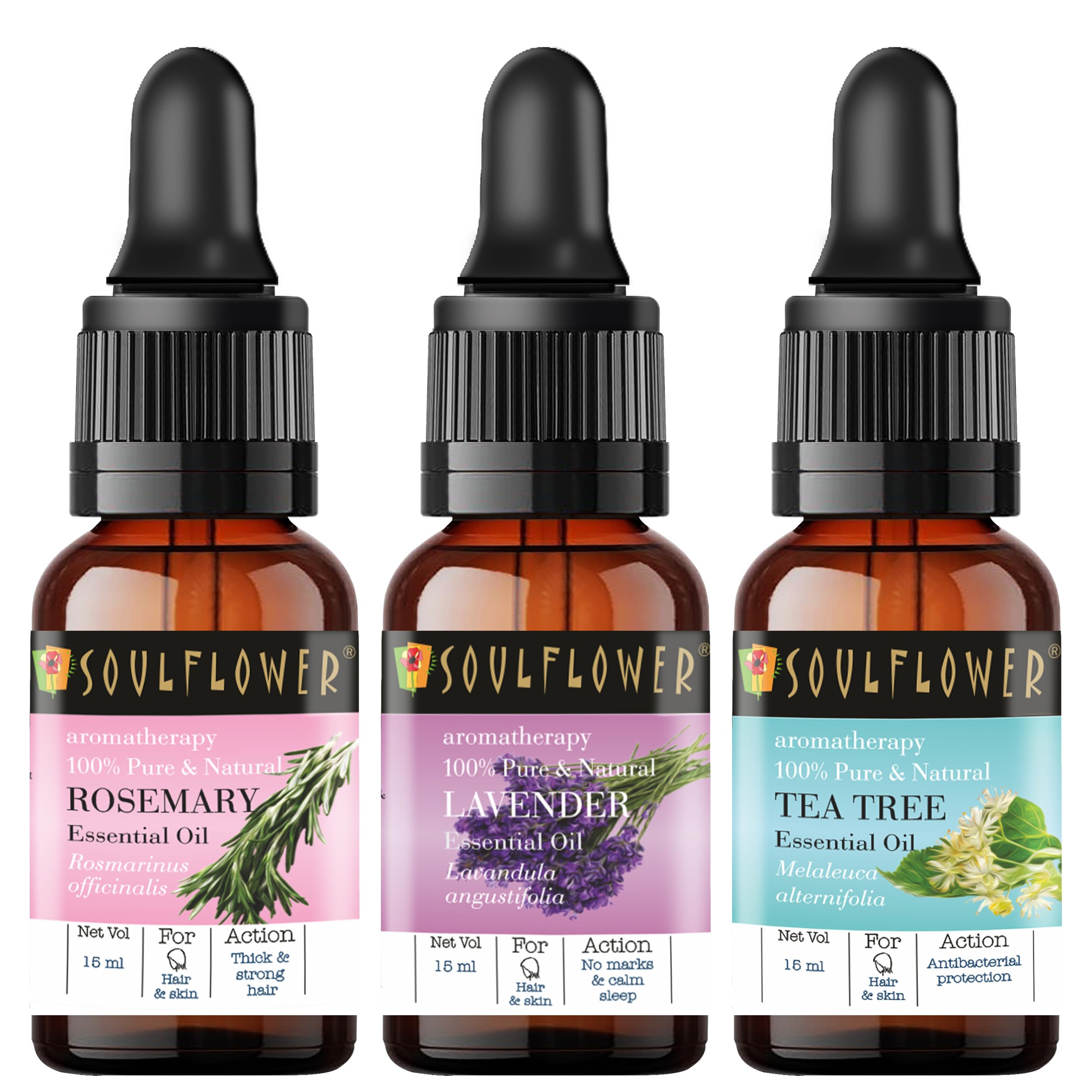 Soulflower Essential Oil Rosemary, Lavender & Tea Tree for Healthy Hair, Skin Acne, Aromatherapy - 100% Pure, Natural & Undiluted Essential Oil, (Pack of 3) 15ml Each (B08N4JM3CL) Amazon Price History, Amazon Price Tracker