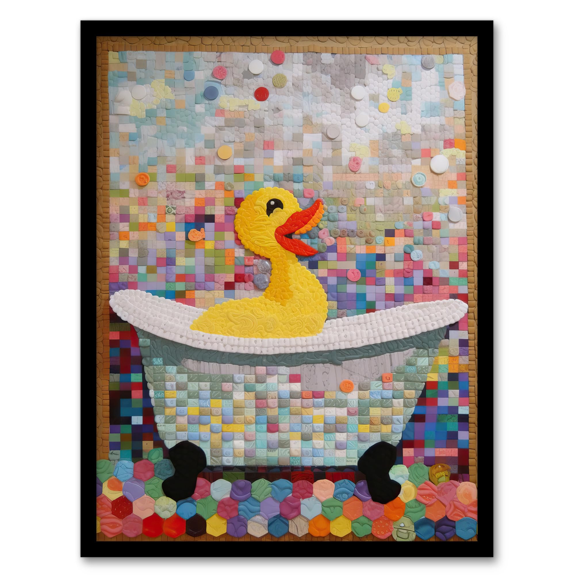 Artery8 Bathtime Yellow Duck In Bathtub Colourful Artwork Bath Time Mosaic Bathroom Painting Wall Art PrintA4 Size from B&Q