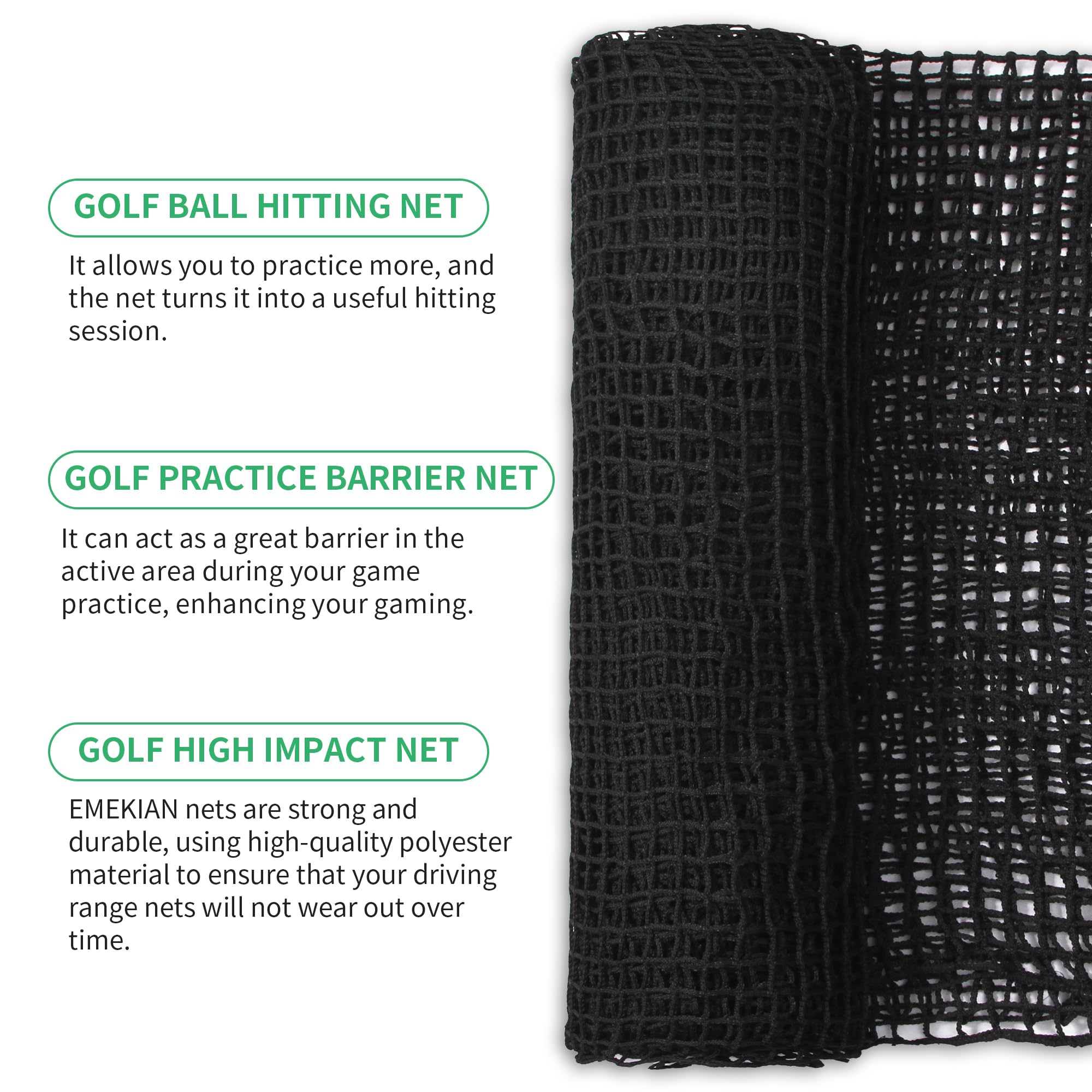 EMEKIAN Black Polyester Golf Practice Fence, Heavy Duty Ball Barrier, Indoor/Outdoor Portable Seine, Batting Net, Adjustable Protective Net for Backyard, 10ft x 15ft