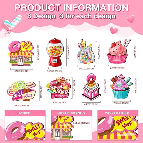 Miniatura 3 de 24 piezas de pastel de caramelo colgante de madera de Navidad, coloridos adornos de bastón de caramelo de Navidad con cuerda para árbol de Navidad,