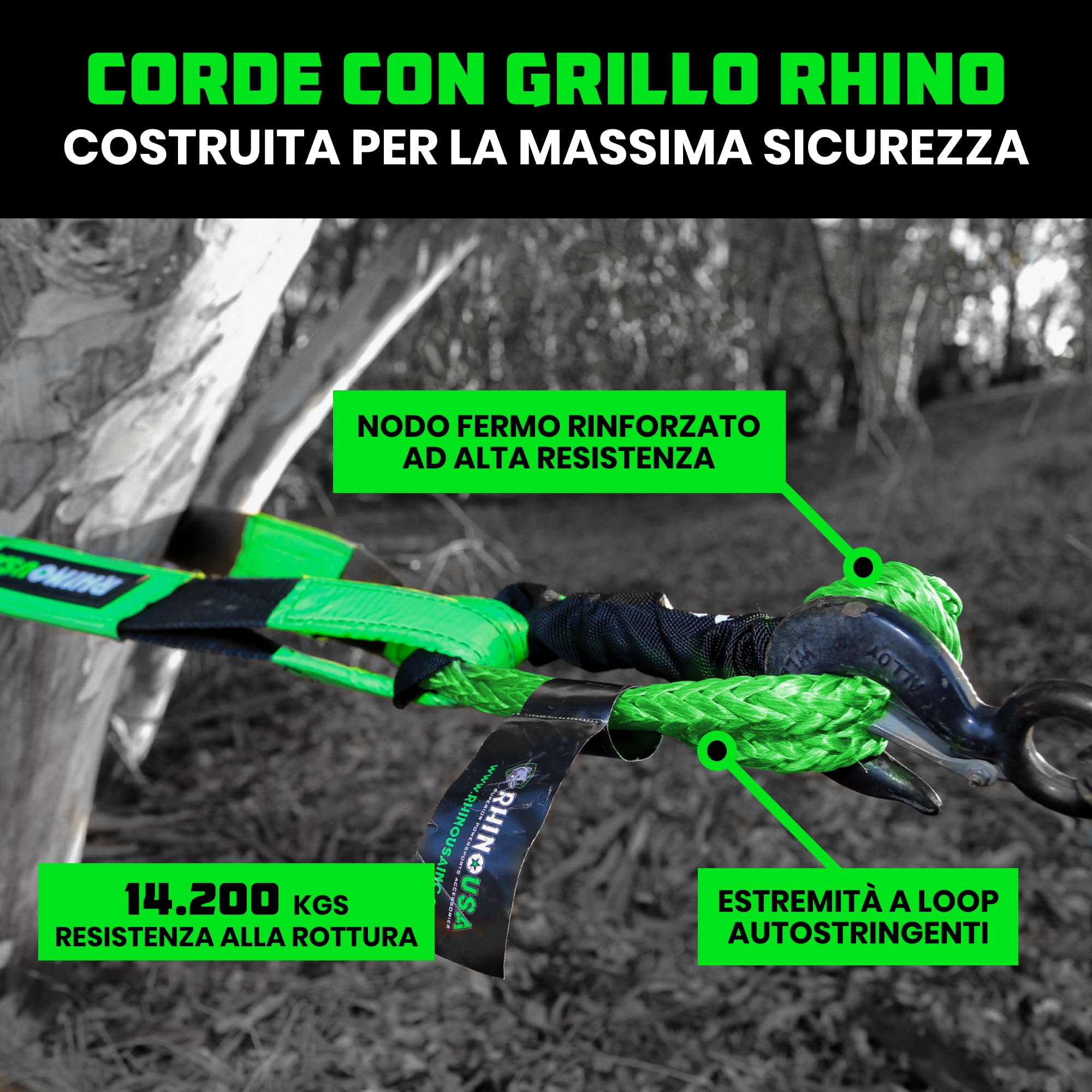 Rhino USA Corda Sintetica con Grillo Morbido (2-Pack) – 1 cm x 56 cm (14.243 kg resistenza alla rottura) - Kit di recupero fuoristrada per camion, UTV, ATV - Compatibile con Jeep, Toyota, Ford e altro