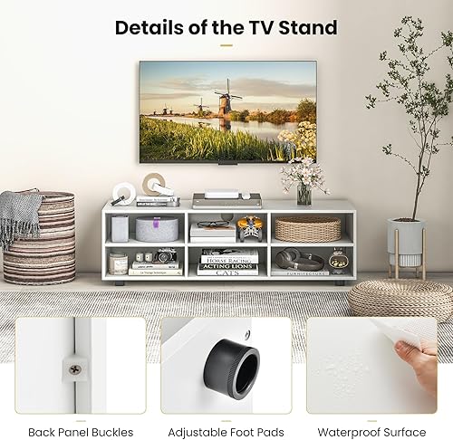 Miniatura 9 de Tangkula Soporte de TV blanco para TV de hasta 55 pulgadas, mesa consola de TV con 6 cubículos, estantes ajustables en 5 posiciones, centro de