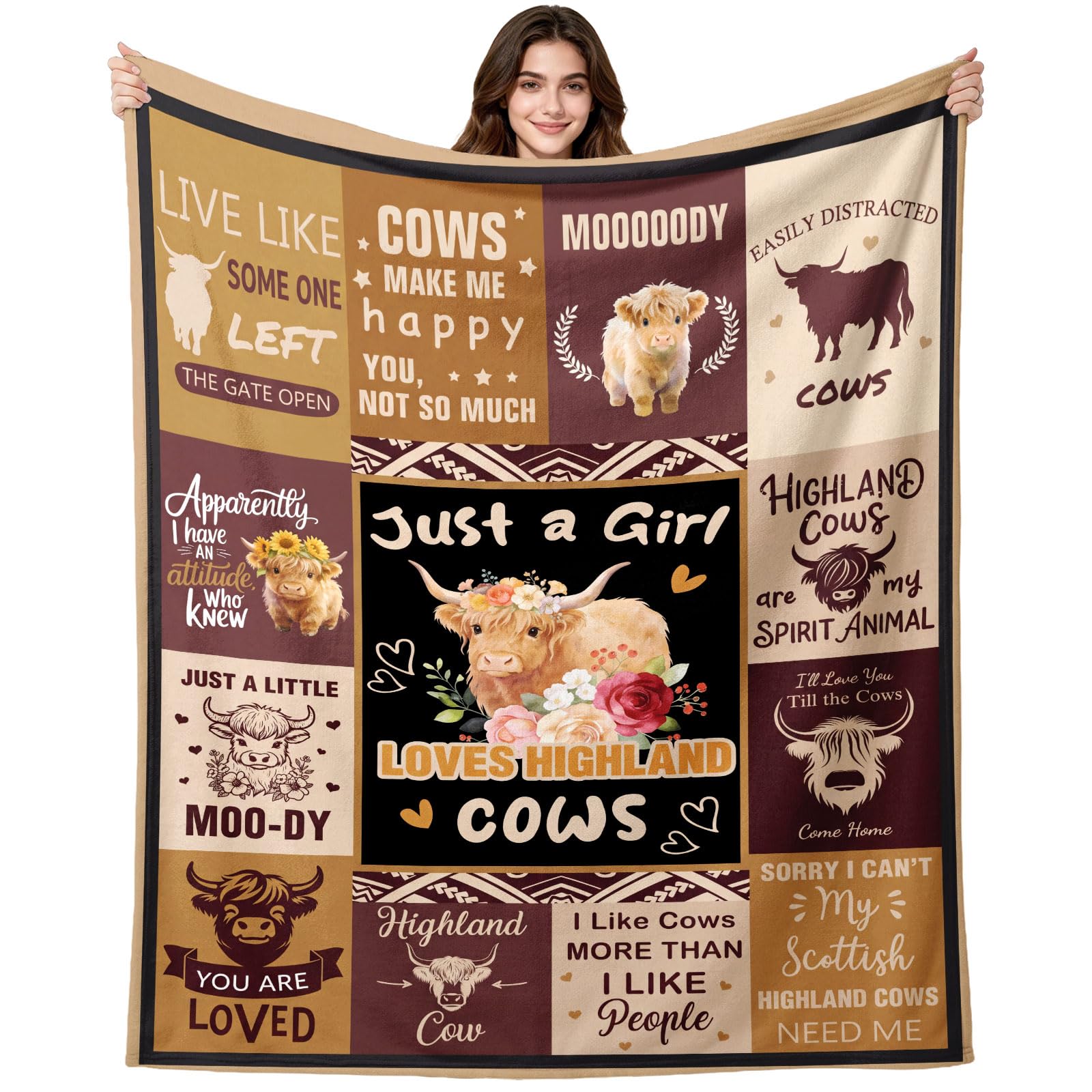 Dark Highland Cow Gifts Blanket, 40" x 50" Floral Highland Cow Fuzzy Flannel Blankets, Breathable Just A Girl Who Loves Highland Cows Blanket for Girls Girlfriend Women Cattle Lovers Home and Outdoor