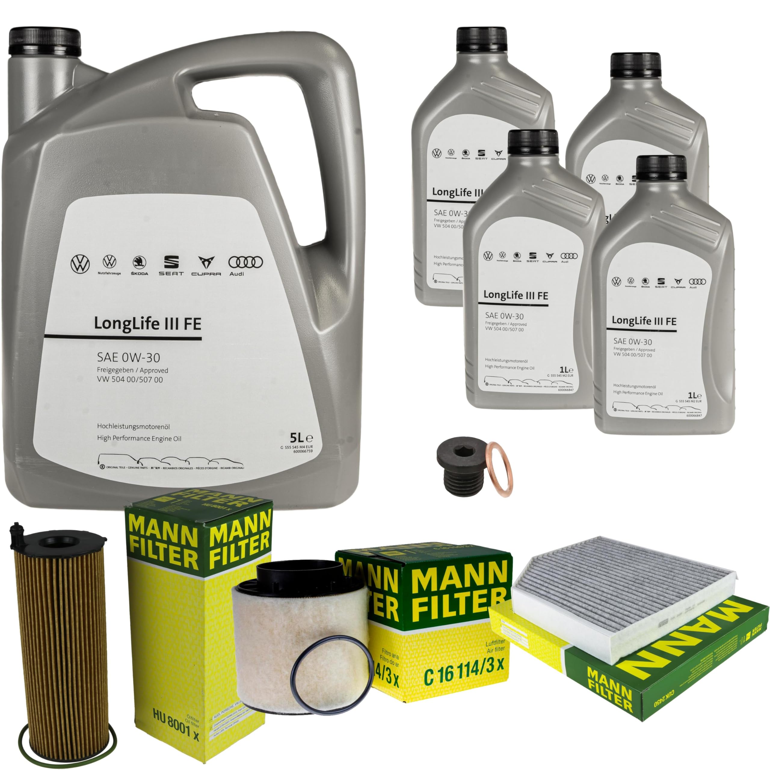 Pacchetto di ispezione pacchetto di manutenzione filtro con 9 L 0W-30 olio motore LongLife 3 FE, filtro dell'olio, filtro dell'aria abitacolo (carbone attivo) vite di scarico dell'olio