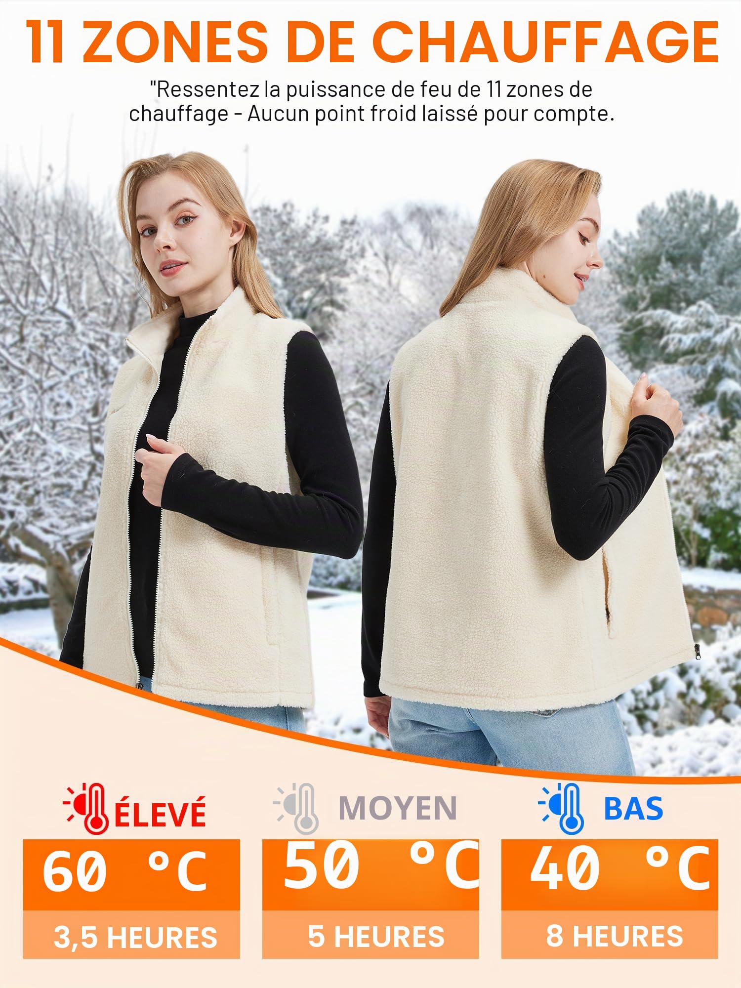 Gokozy Gilet Chauffant Électrique avec 7.4V Batterie ，Fleece Sherpa gilet chauffant femme 11 zones veste chauffante pour les Sports de Plein Air
