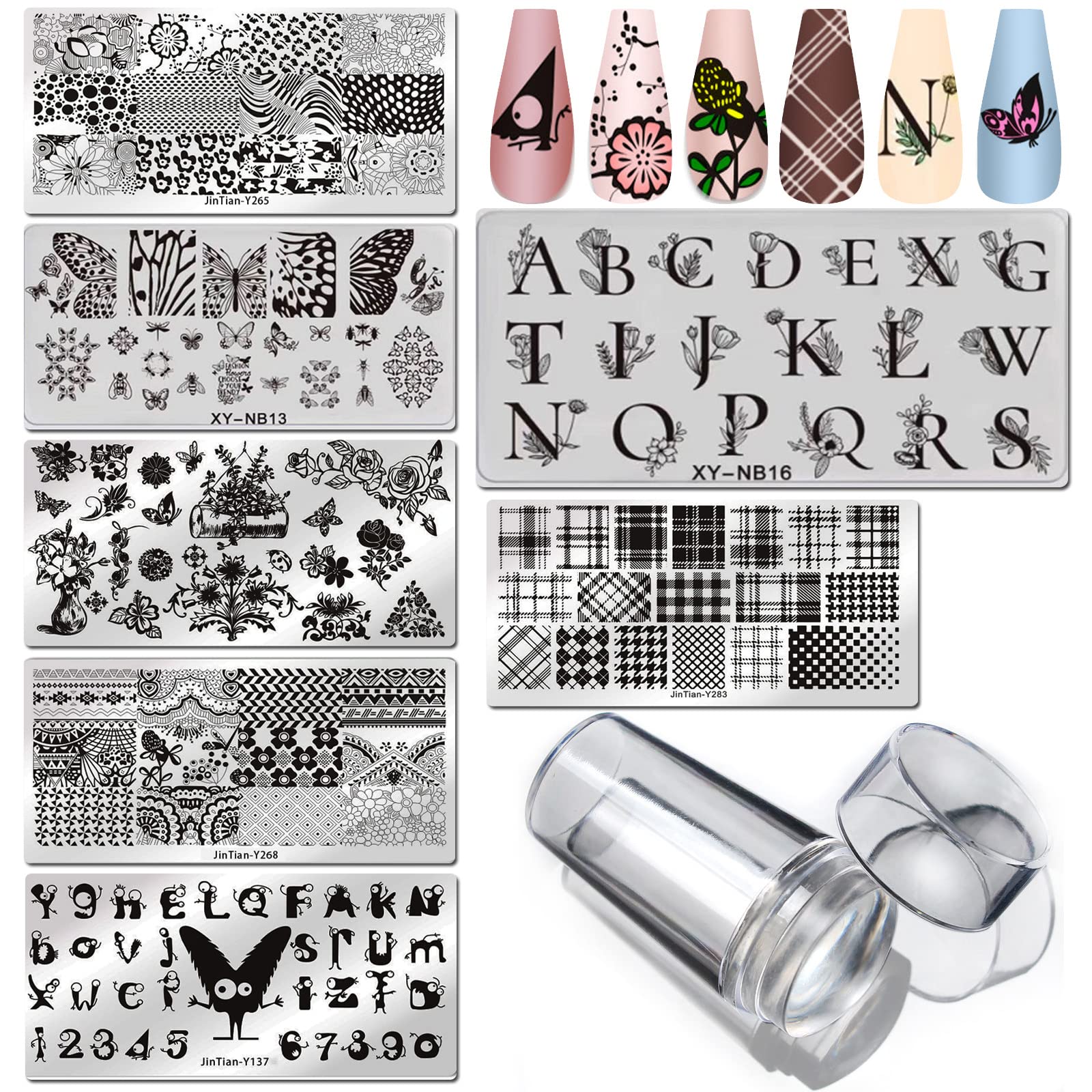 LoveOurHome Nail Stamping Plate Kit Letter Butterfly Lace Geometry Floral Fingernails Template Stencil Stamps Plate Silicone Stamper Scraper Manicure