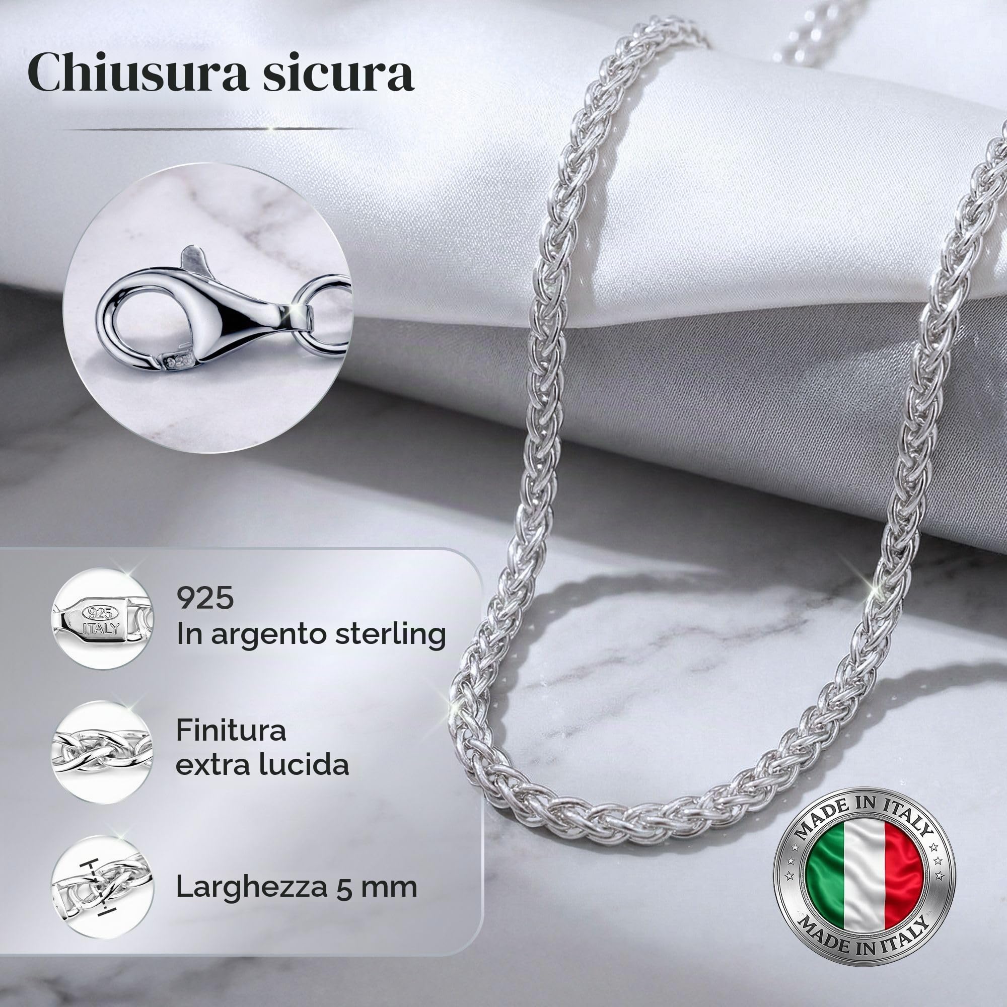 QUADRI - Collana Uomo e Donna Argento 925 - Modello Spiga - Made in Italy | Idea Regalo per Compleanno, Anniversario, San Valentino
