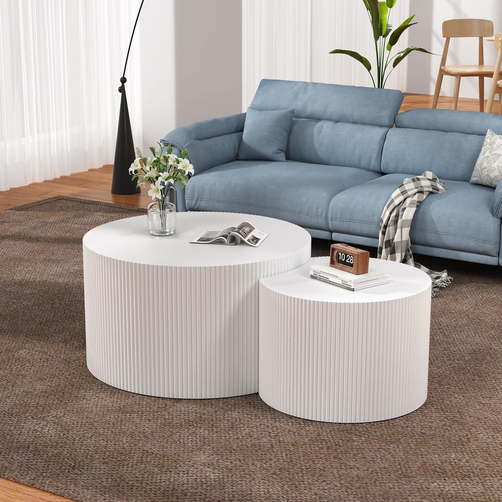 FeiZhiYanS Fluted Round Nesting Coffee Table Set of 2, Fully Assembled